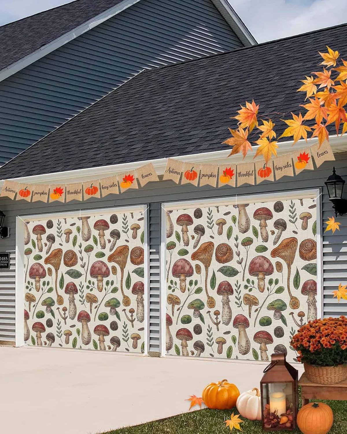 Brown Mushroom Green Leaves Retro Garage Door Cover 7x8ft