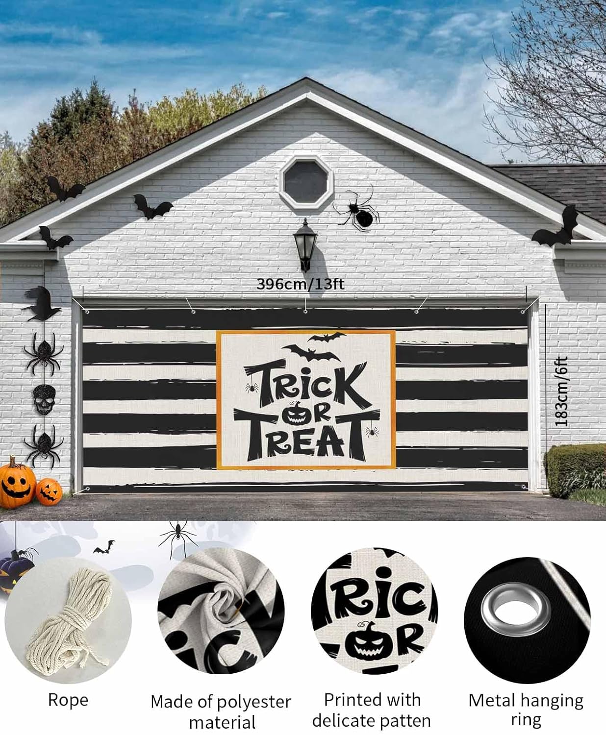 IDOWMAT Black Quotes Trick Or Treat Garage Door Cover 7x8ft