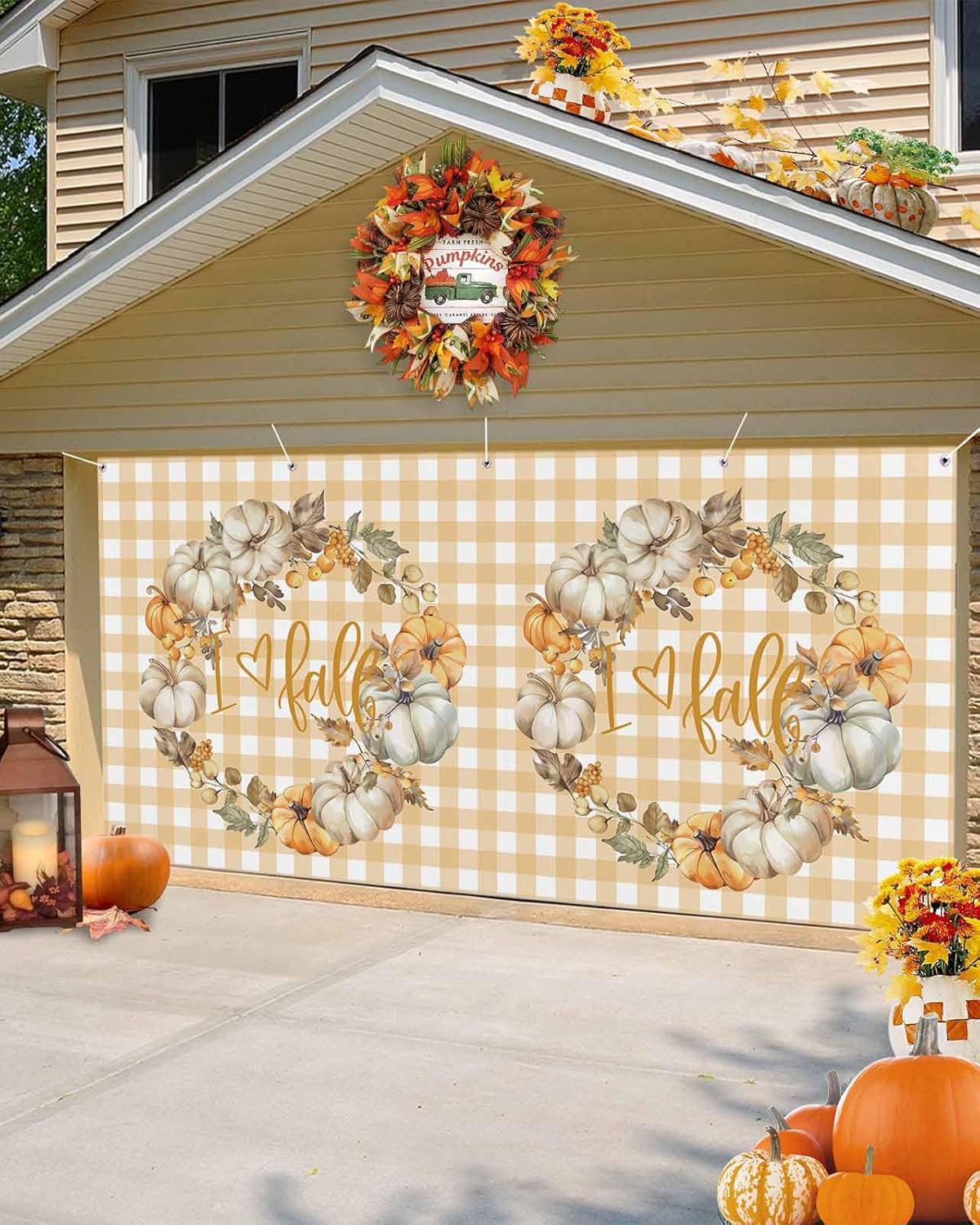 Thanksgiving Fall Pumpkin Berry Garland Garage Door Cover 7x8ft