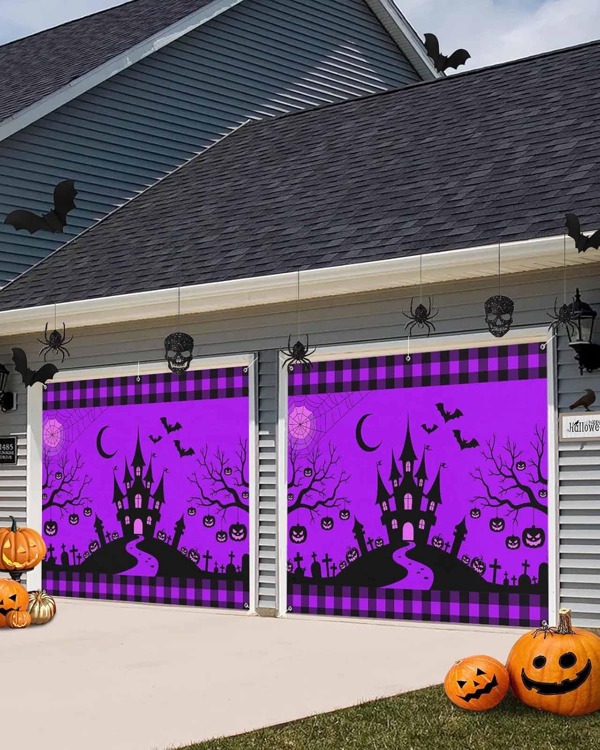 Halloween Castle Bat Garage Door Cover 7x8ft with Grommets
