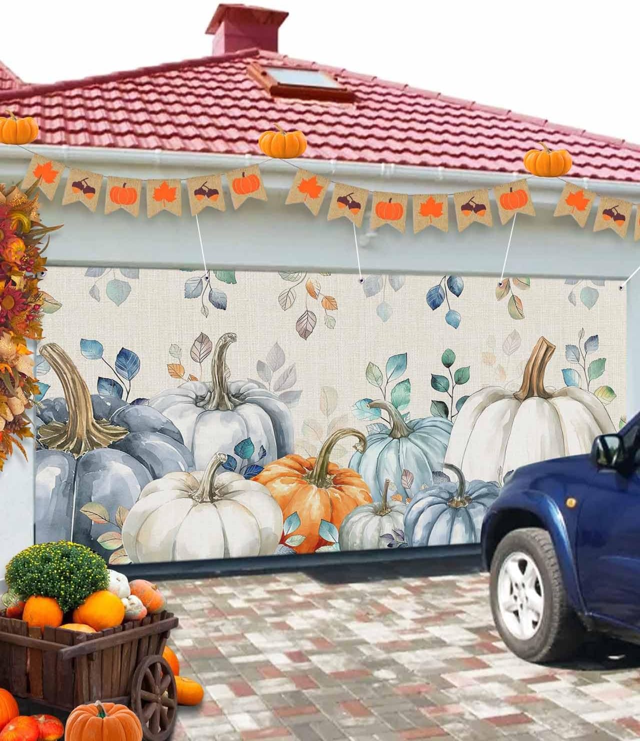 Autumn Pumpkin Garage Door Cover 7x8ft Blue Eucalyptus Leaves Hanging Banner