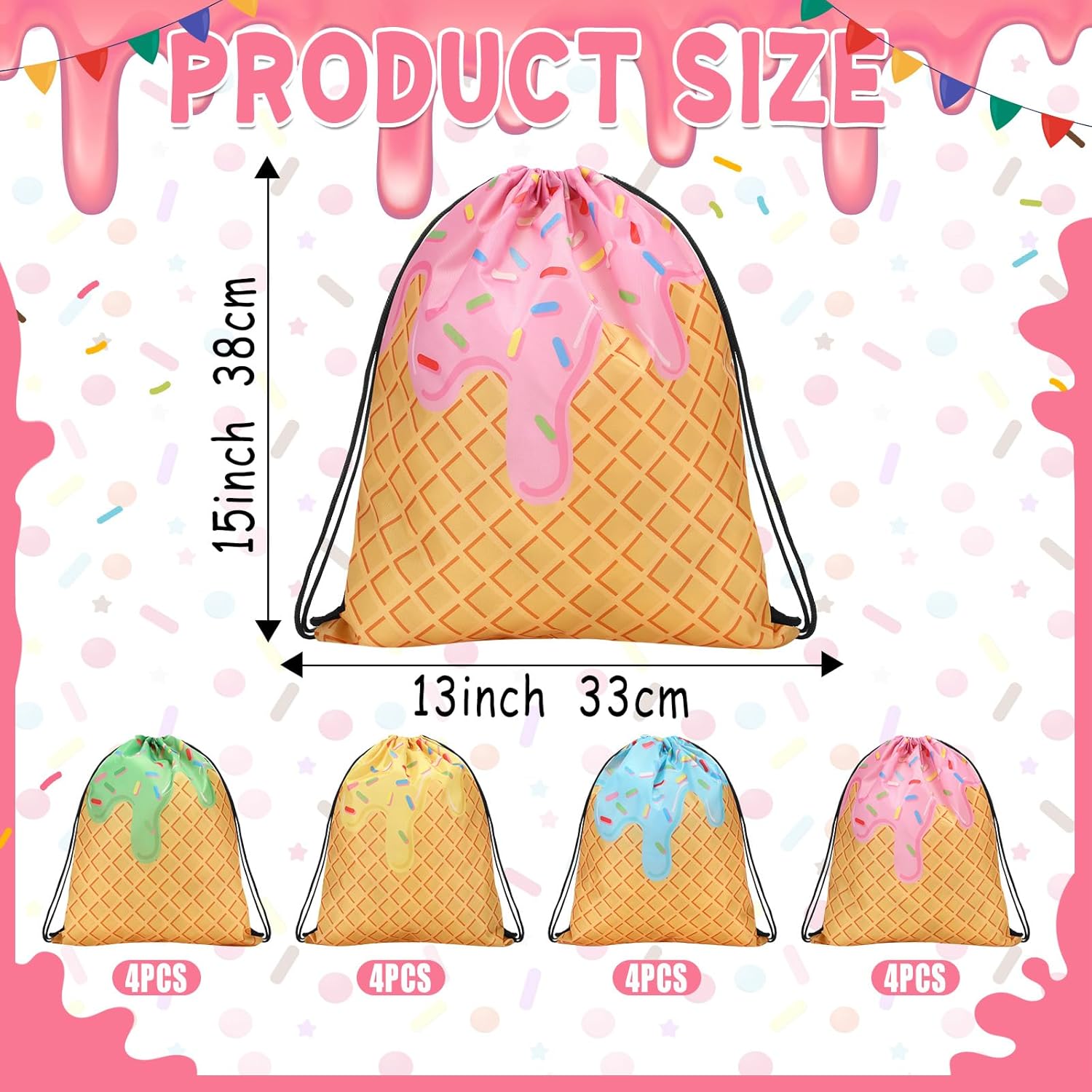 Sunnymove 16 Pcs Ice Cream Gift Bags Cute Drawstring Backpacks
