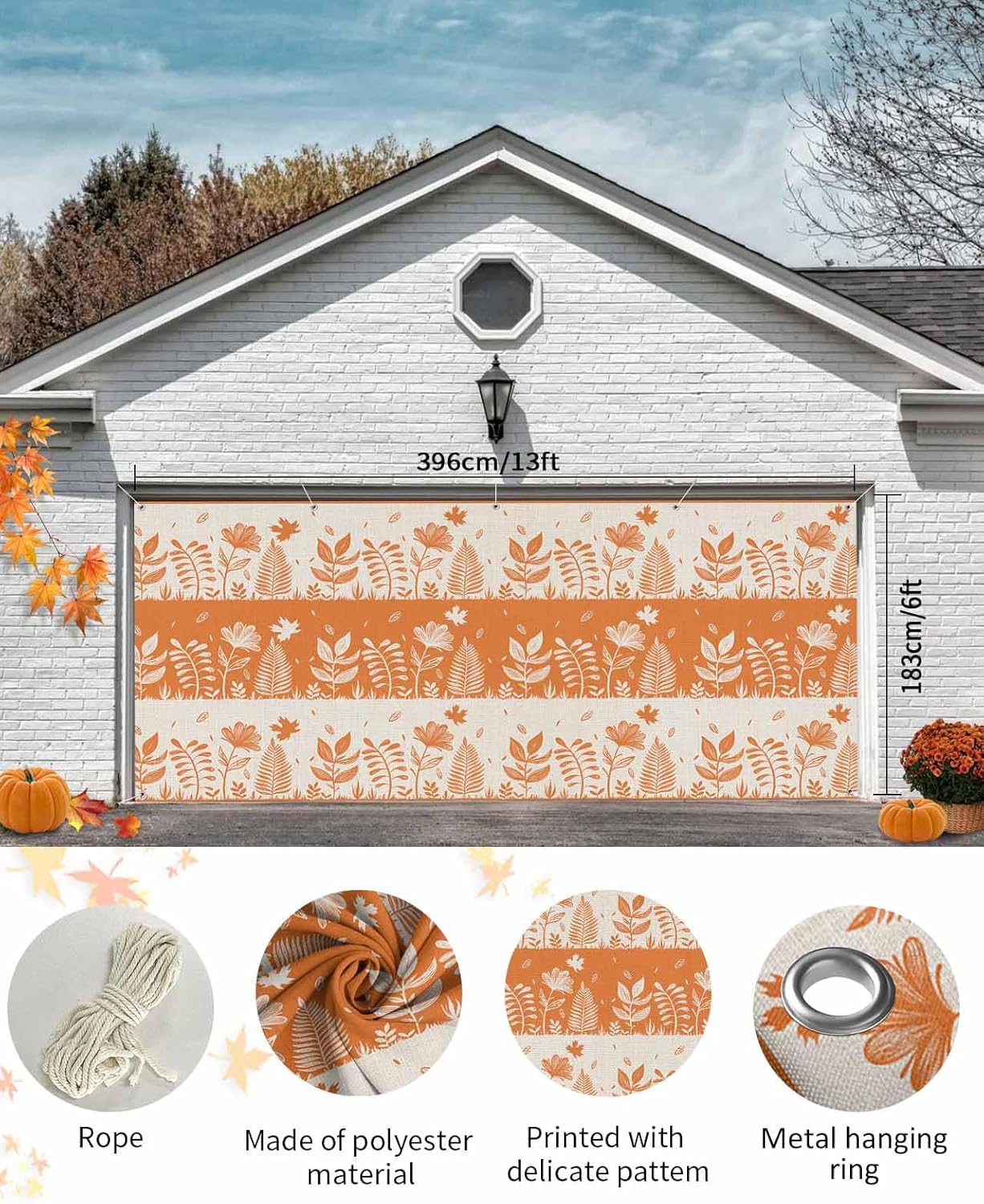 IDOWMAT Autumn Flower Leaf Garage Door Cover 7x16ft