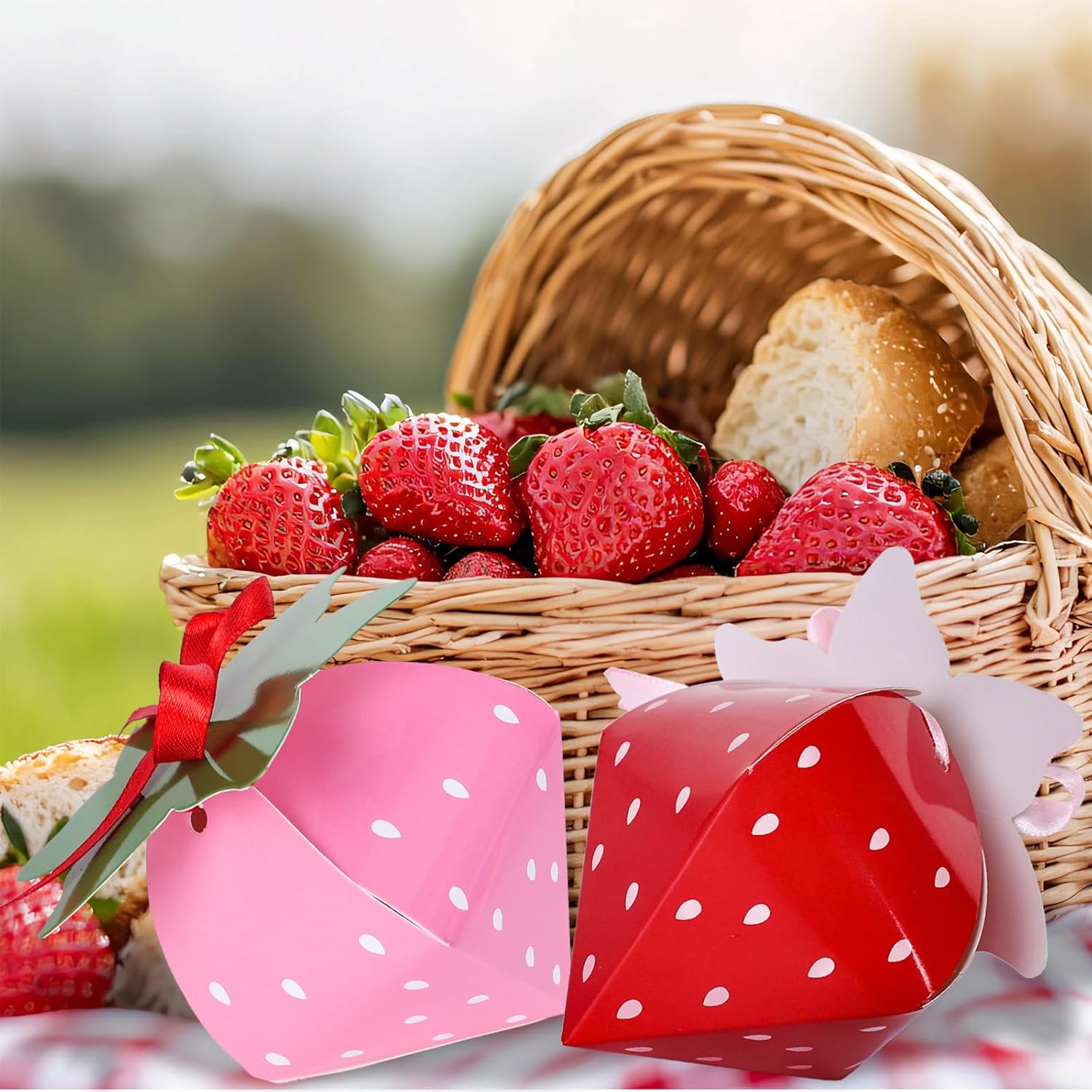 24Pcs Strawberry Shaped Treat Boxes with Ribbon Tape for Party Favors