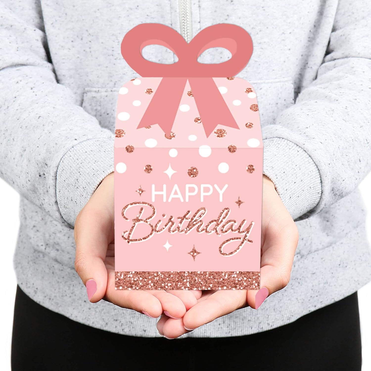 Big Dot of Happiness Pink Rose Gold Birthday Bow Boxes Set of 12