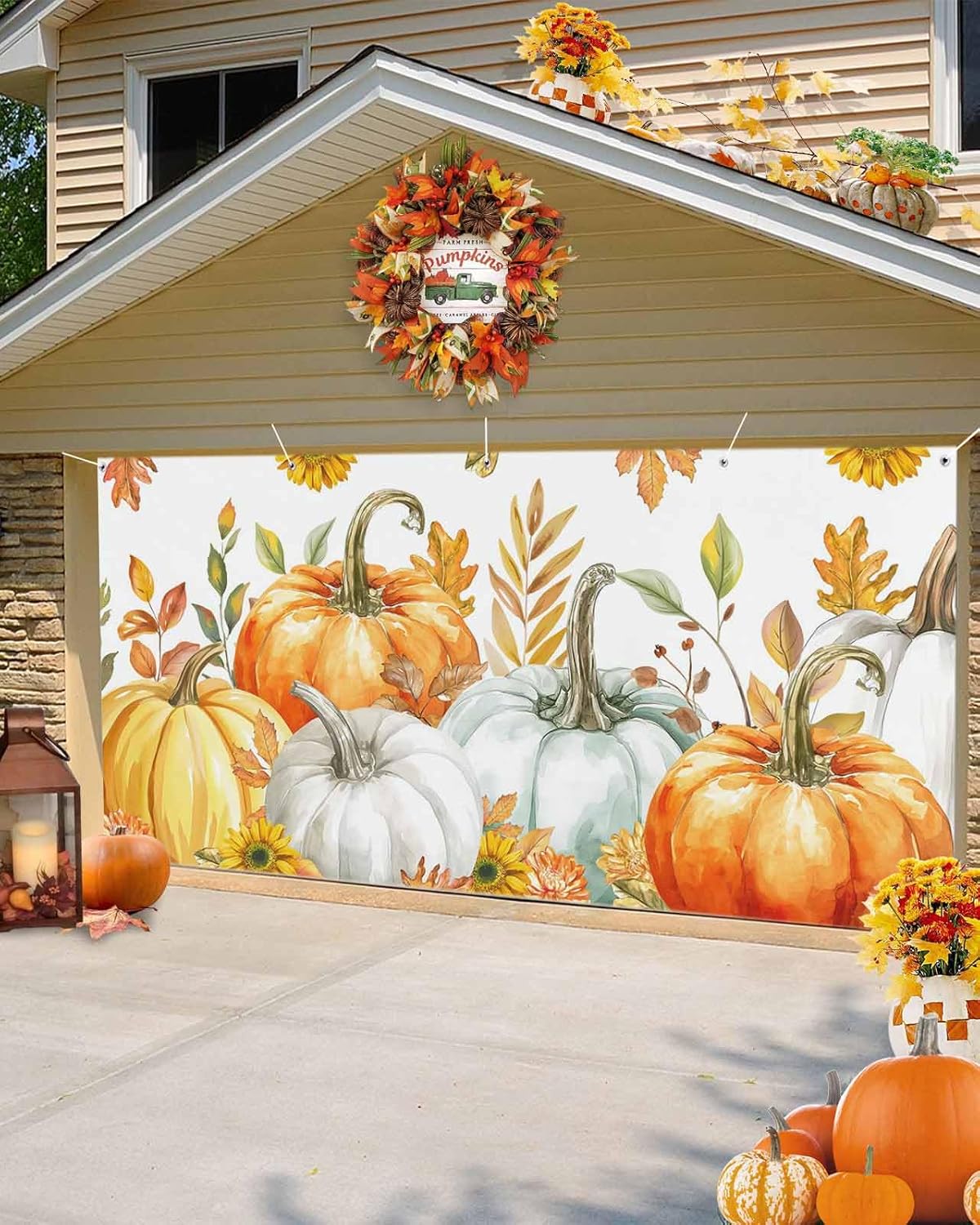 Thanksgiving Fall Pumpkin Floral Garage Door Cover 7x8ft