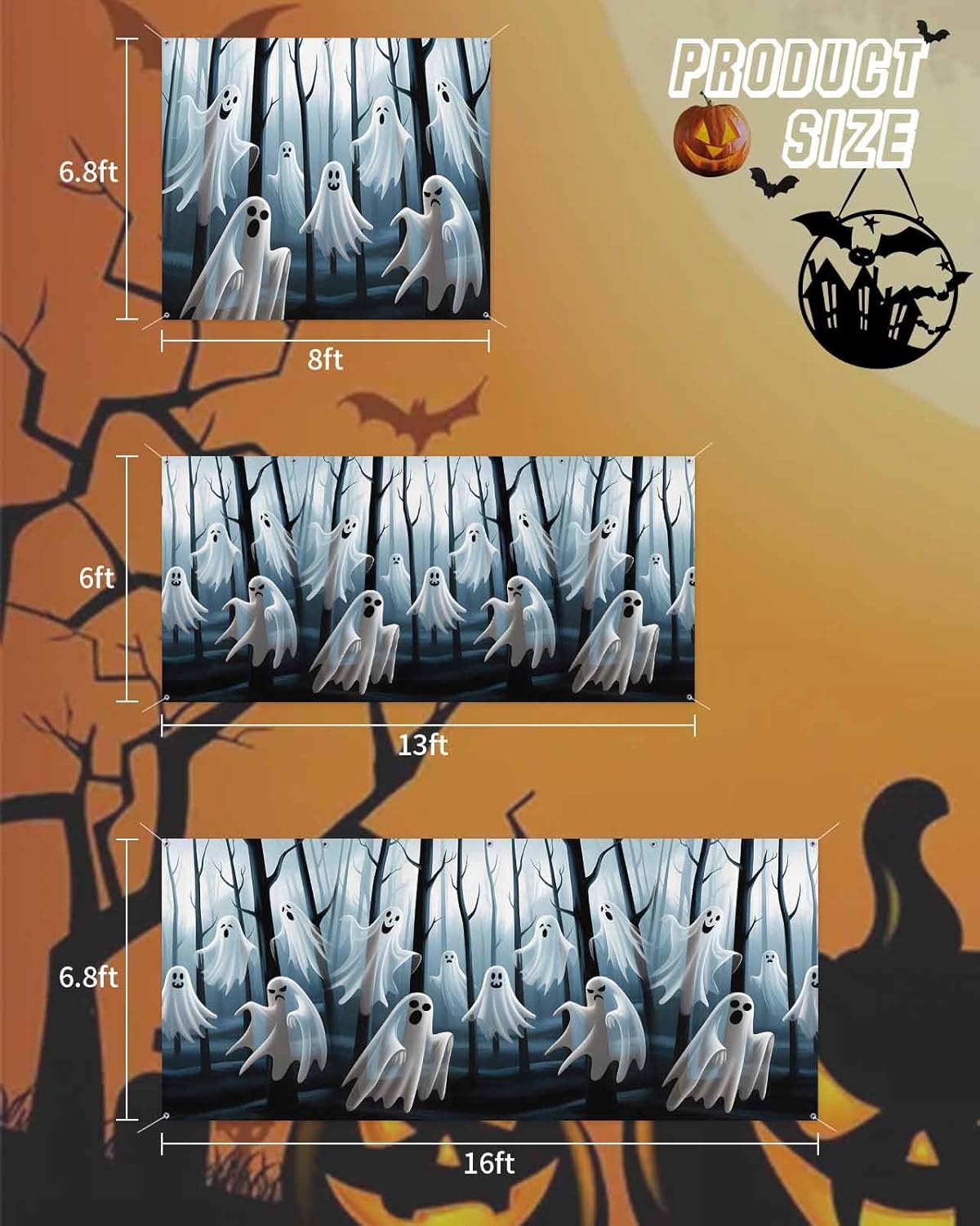 Halloween Ghost Decor Garage Door Cover 7x8ft Black