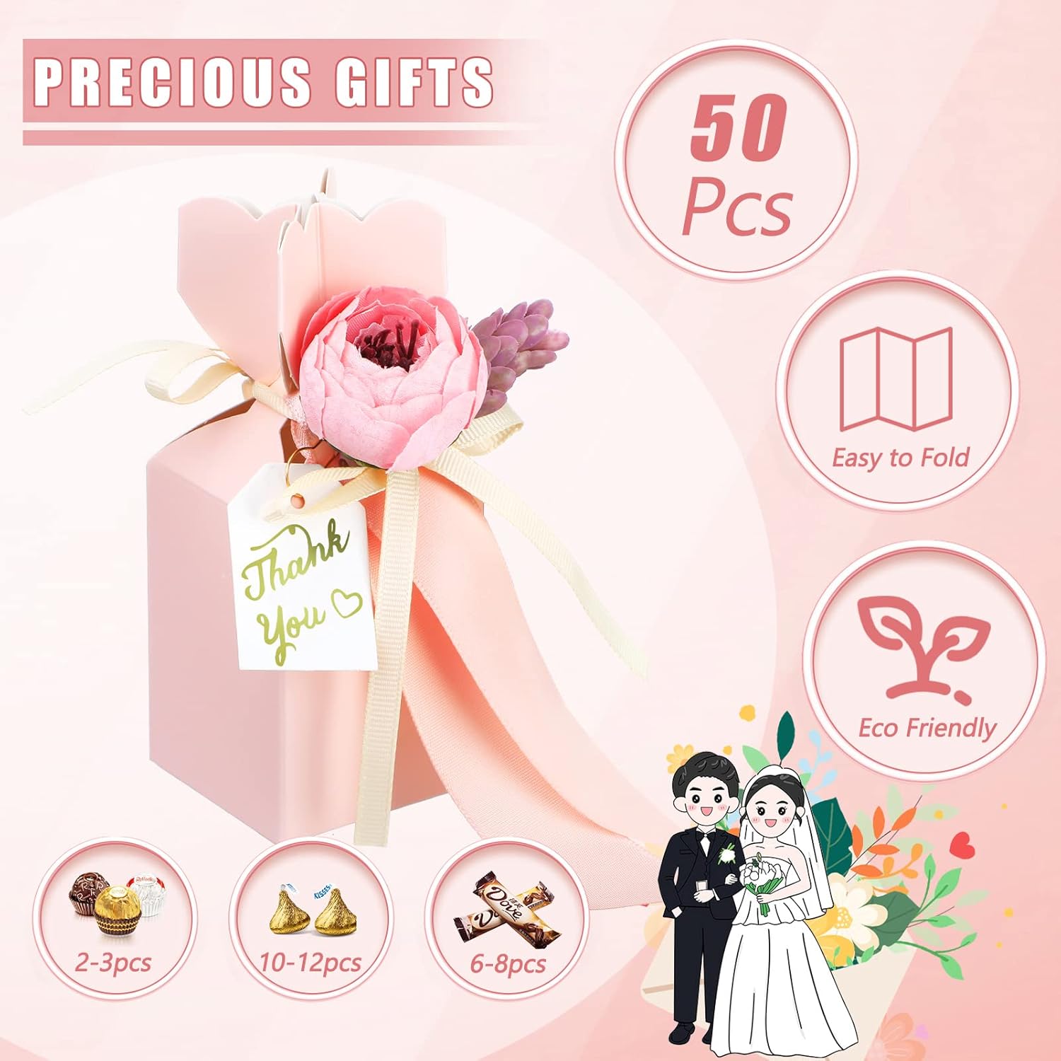 TaoBary 50 Pcs Pink Wedding Gift Boxes with Bow and Flower