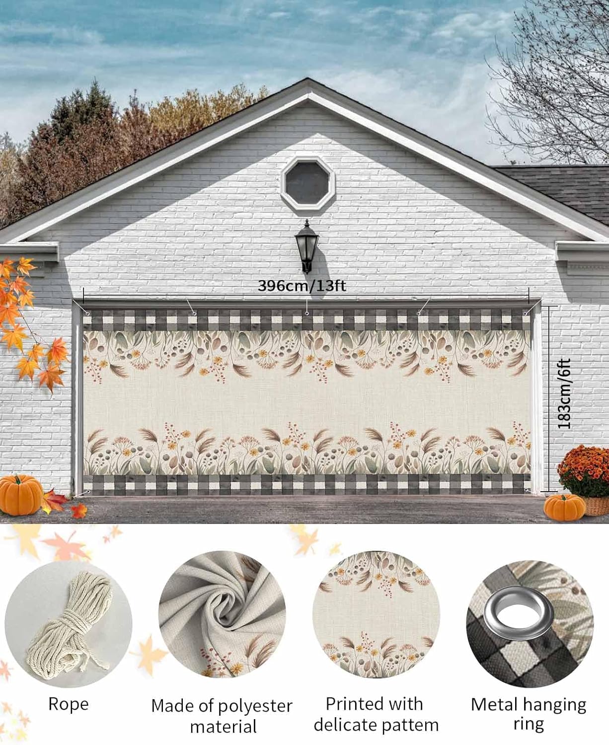 Wheat Sheaf Autumn Leaves Linen Garage Door Cover 7x8ft