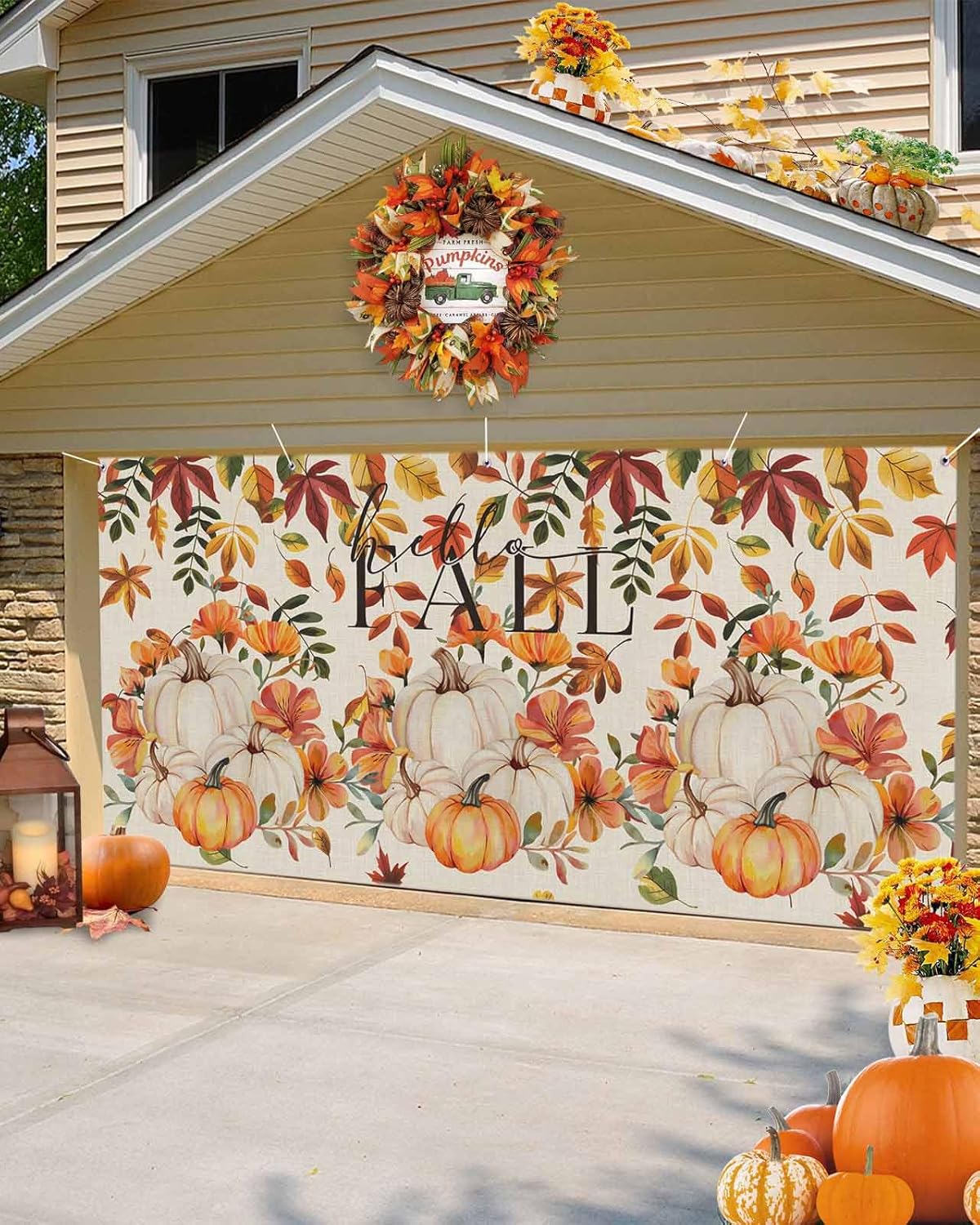 Autumn Orange Pumpkin Leaves Garage Door Cover 7x8ft
