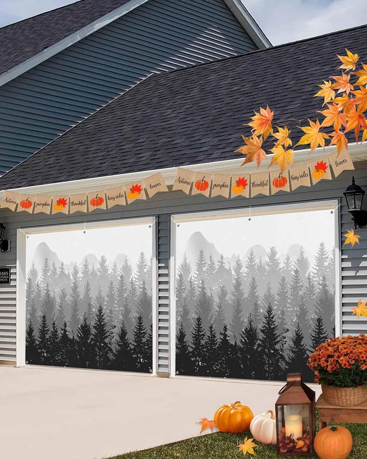 IDOWMAT Black Gray Gradient Trees Garage Door Cover 7x8ft