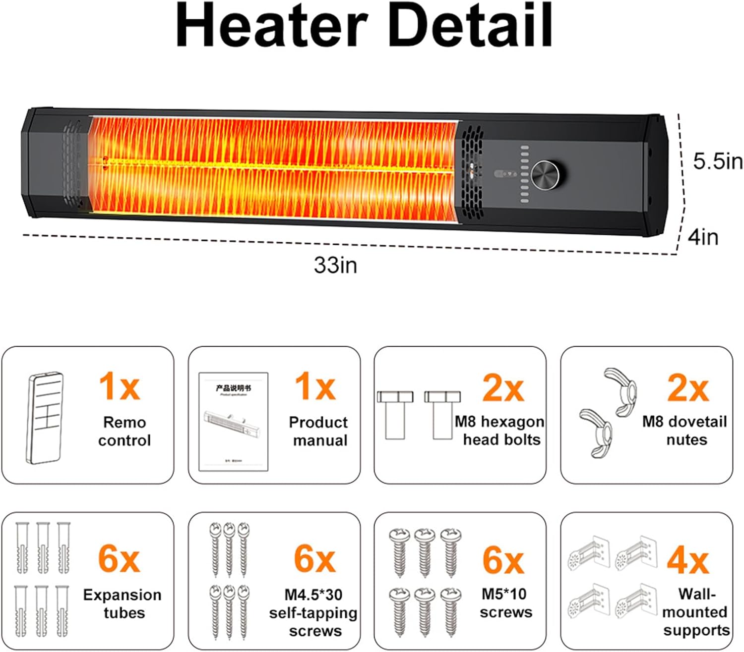 Biesqya Wall Mounted Heater with 9 Heat Levels and Remote Control