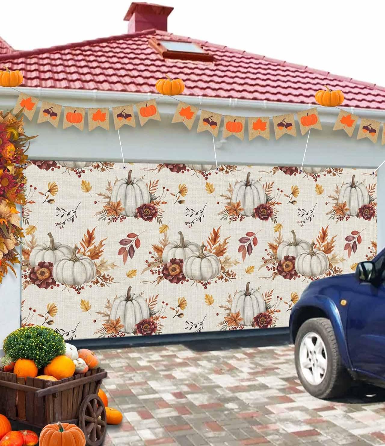 Thanksgiving Pumpkins Maple Leaf Garage Door Cover 7x8ft