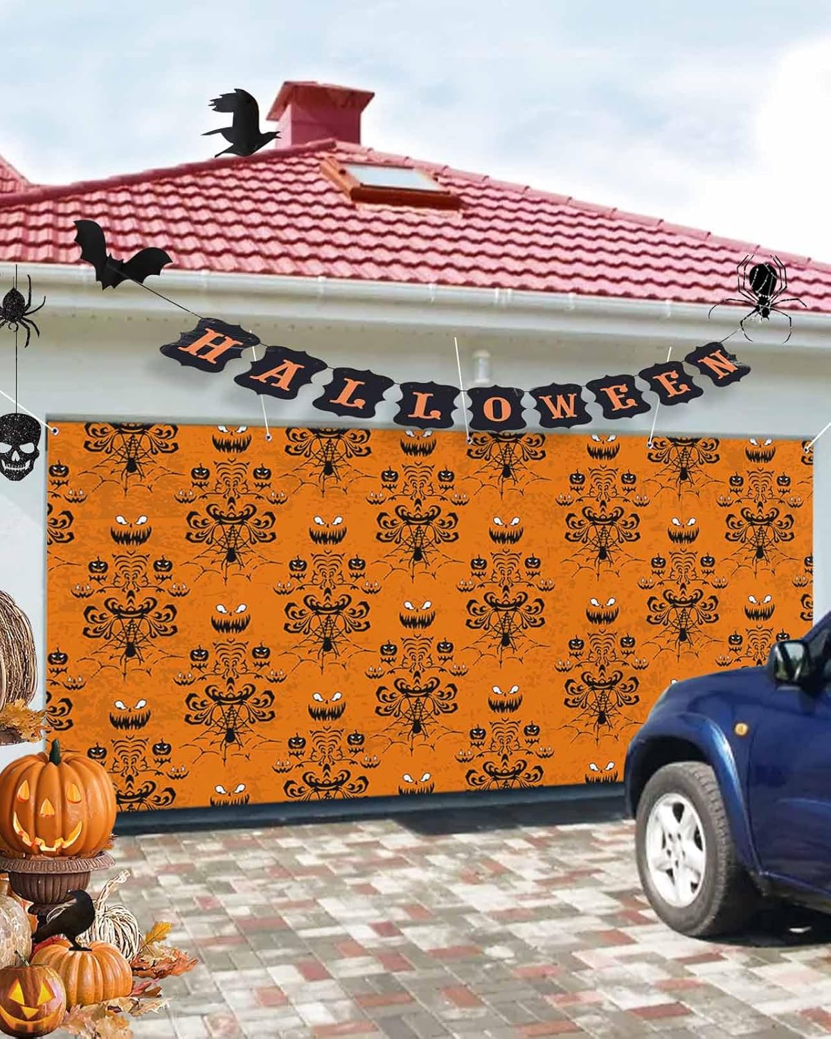 IDOWMAT Halloween Ghost Face and Spiders Web Garage Door Cover 7x16ft