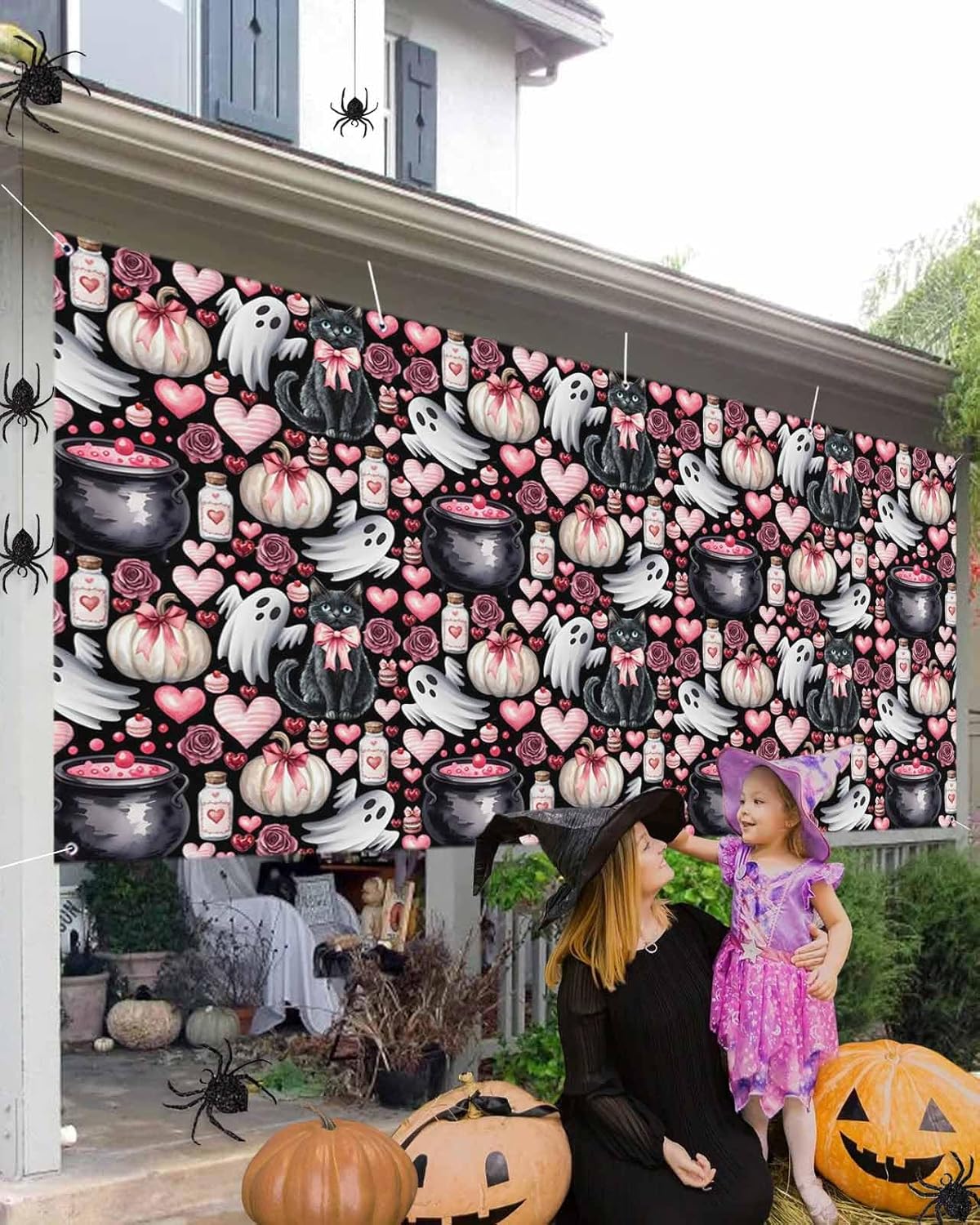 Halloween Cat Ghost Heart Garage Door Cover 7x8ft Black