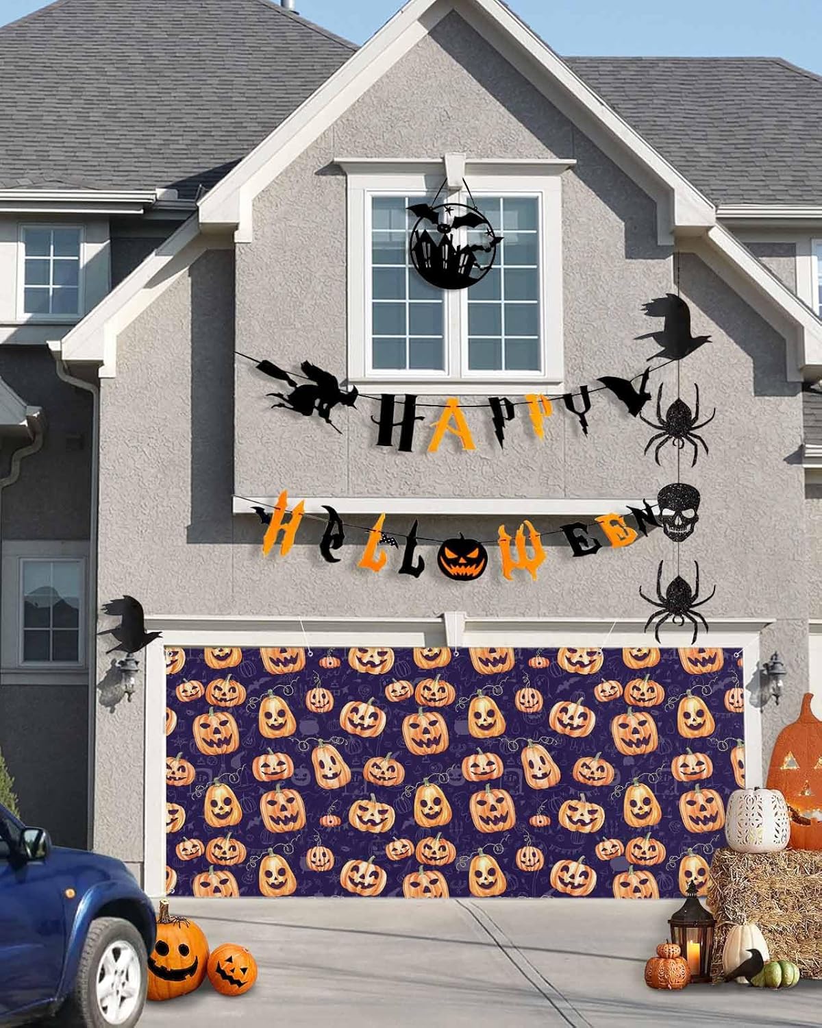 Funny Orange Pumpkin Garage Door Cover 7x8ft with Hanging Rings