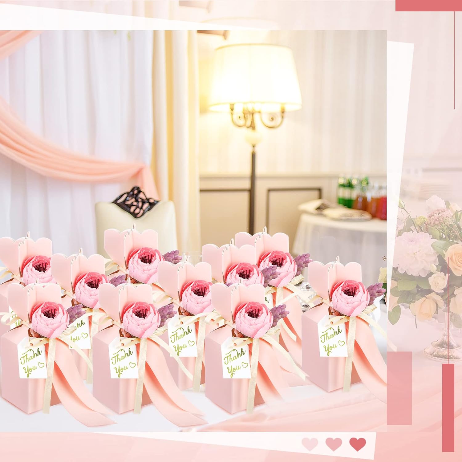 TaoBary 50 Pcs Pink Wedding Gift Boxes with Bow and Flower