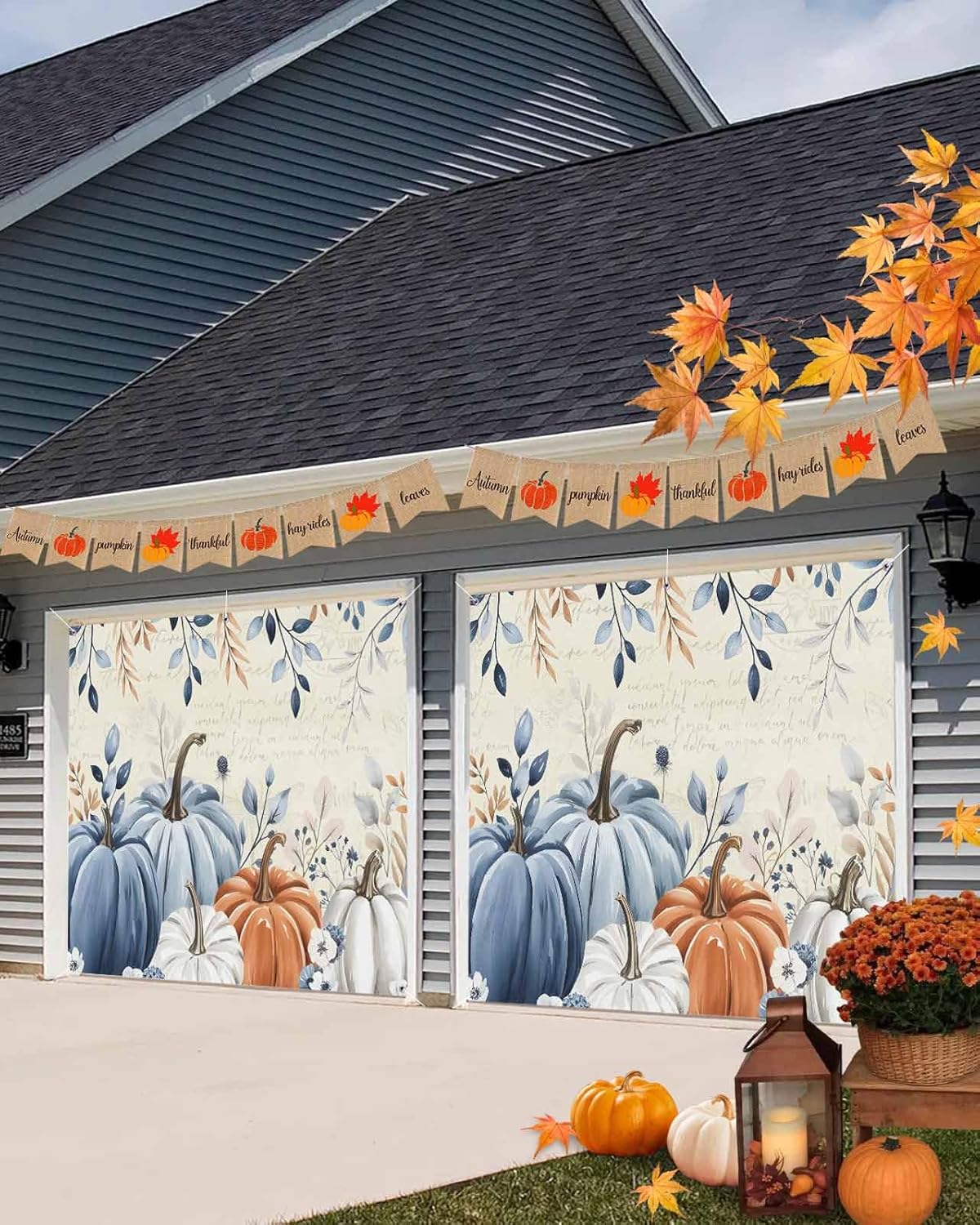 IDOWMAT Blue Pumpkin Autumn Leaves Butterfly Garage Door Cover 7x8ft