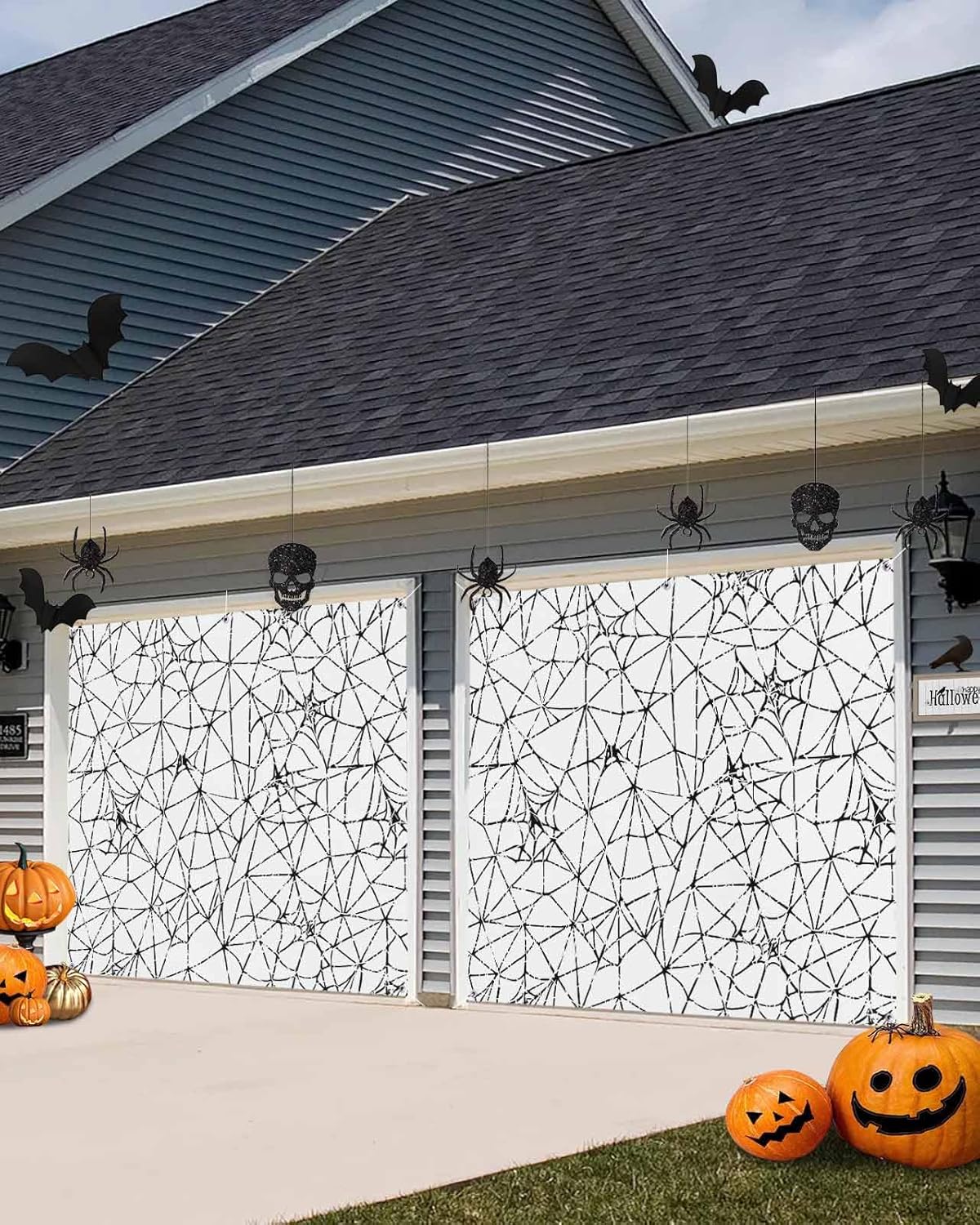Scary Halloween Black Cobweb Garage Door Cover 7x8ft 1
