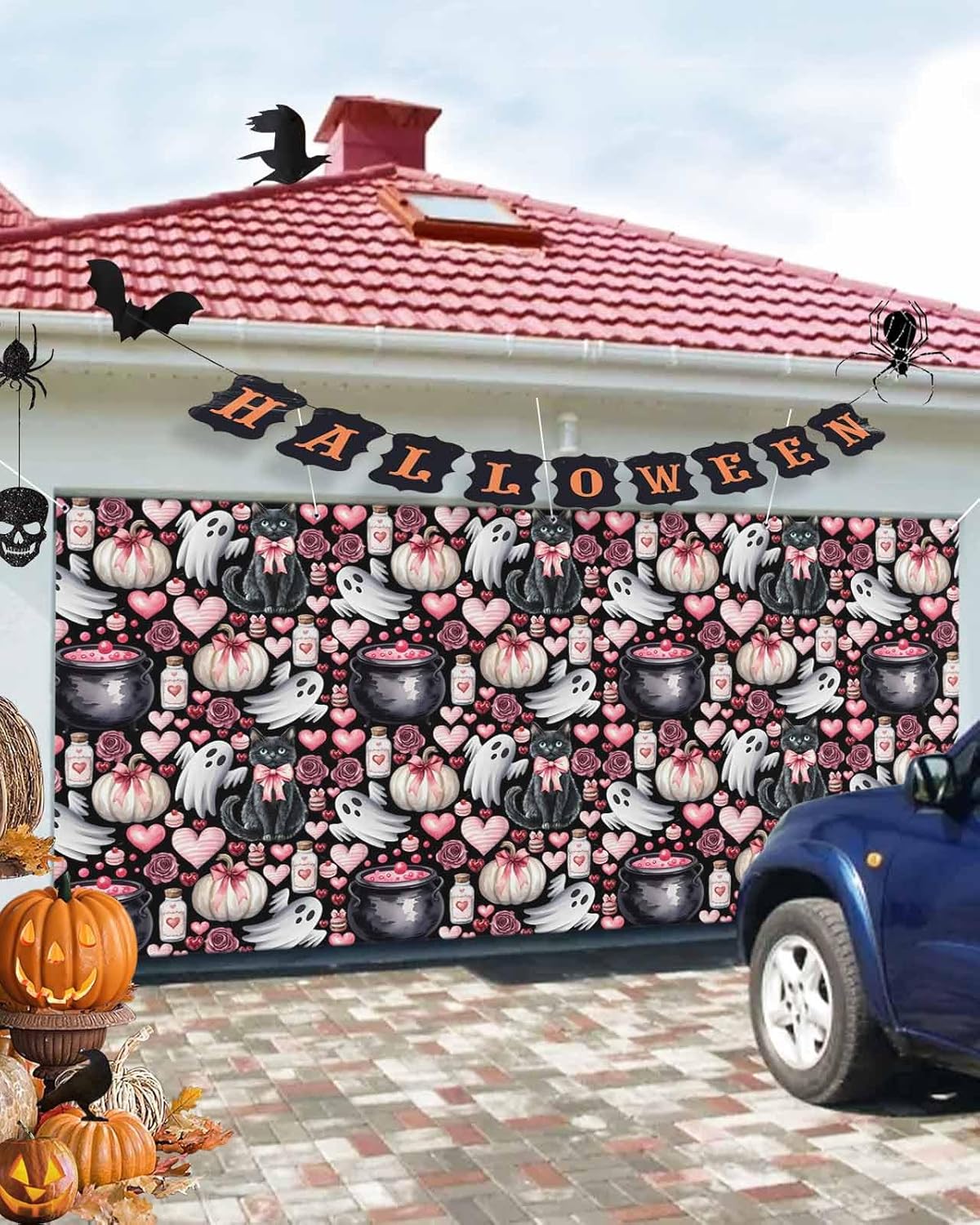 Halloween Cat Ghost Heart Garage Door Cover 7x8ft Black