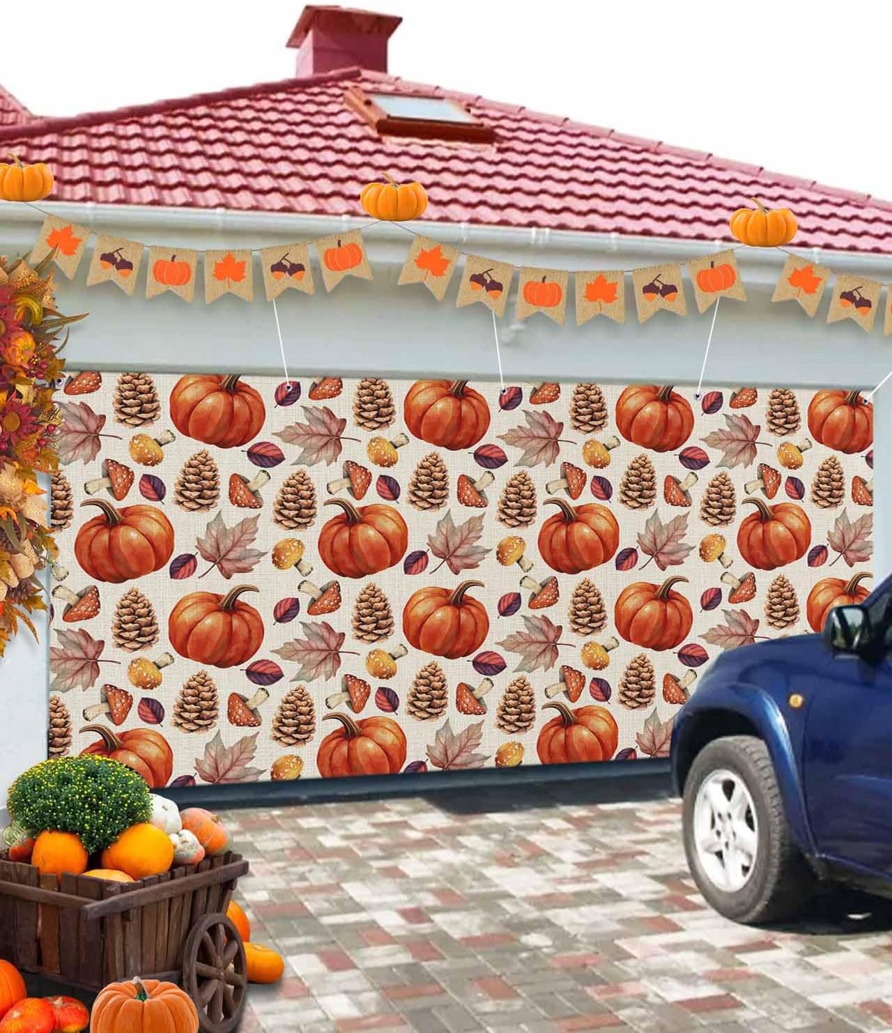 IDOWMAT Autumn Pumpkin Maple Leaf Garage Door Cover 7x8ft