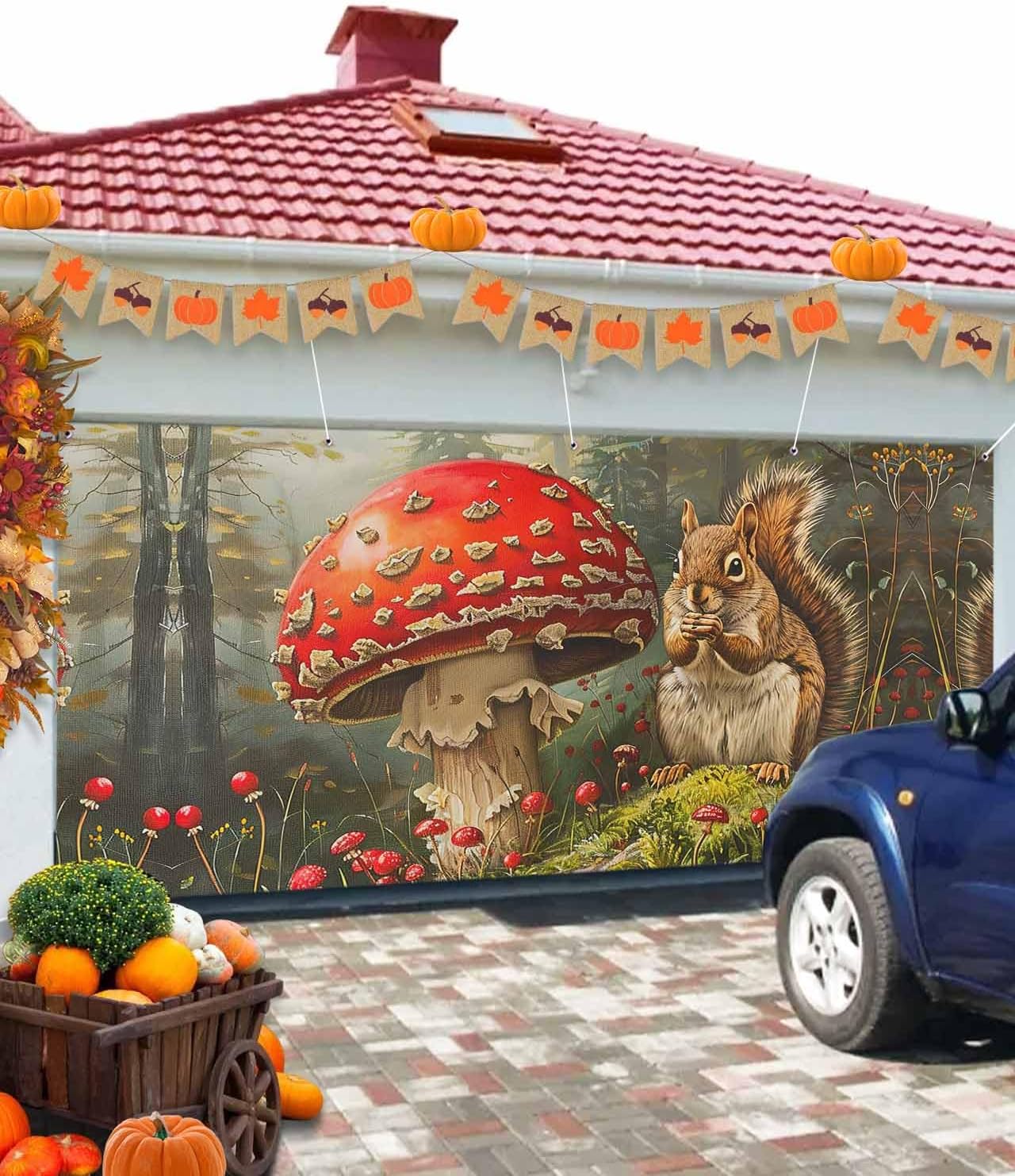 IDOWMAT Fall Squirrel Mushroom Garage Door Cover 7x8ft