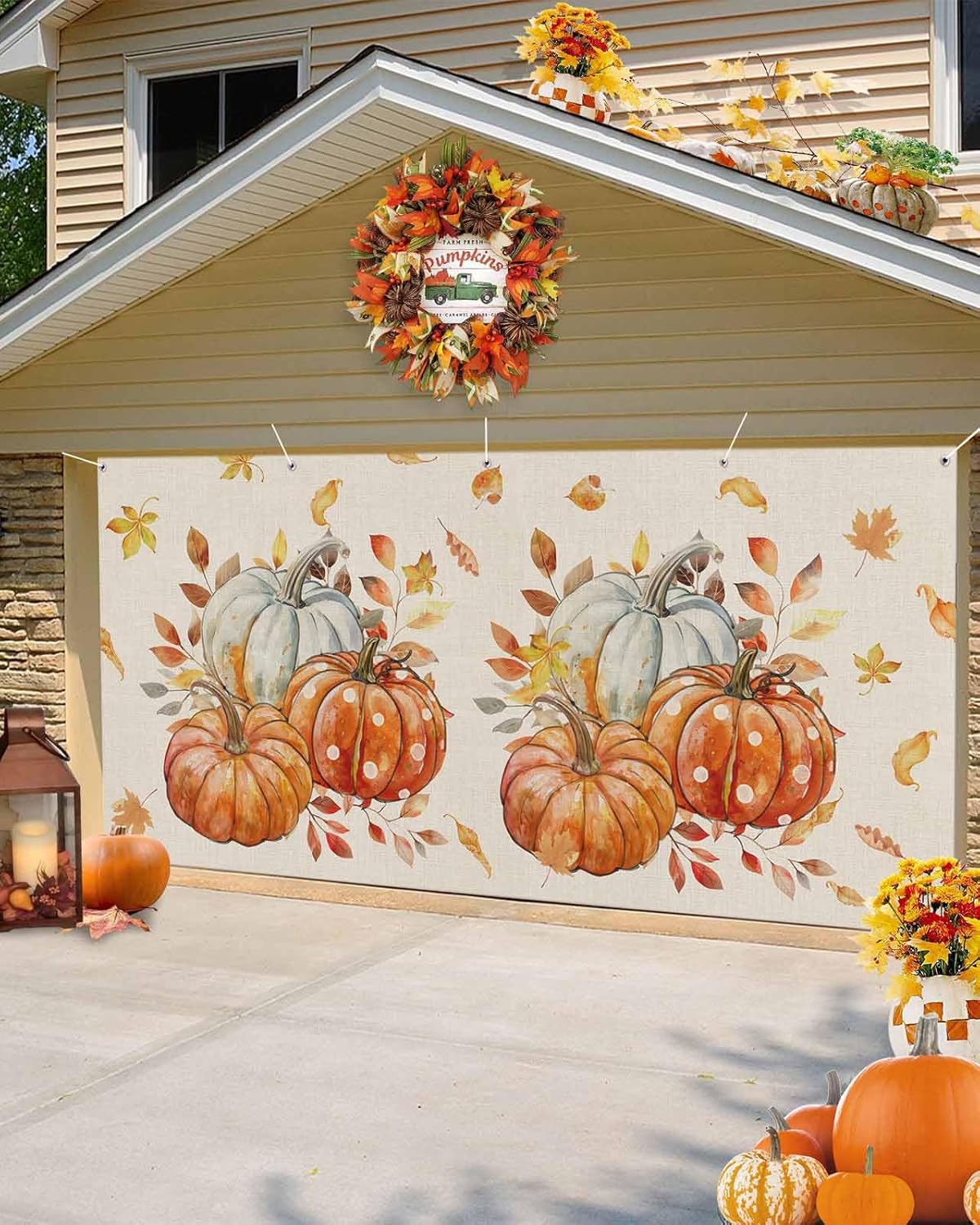 Fall Orange Pumpkin Harvest Burlap Garage Door Cover 7x8ft