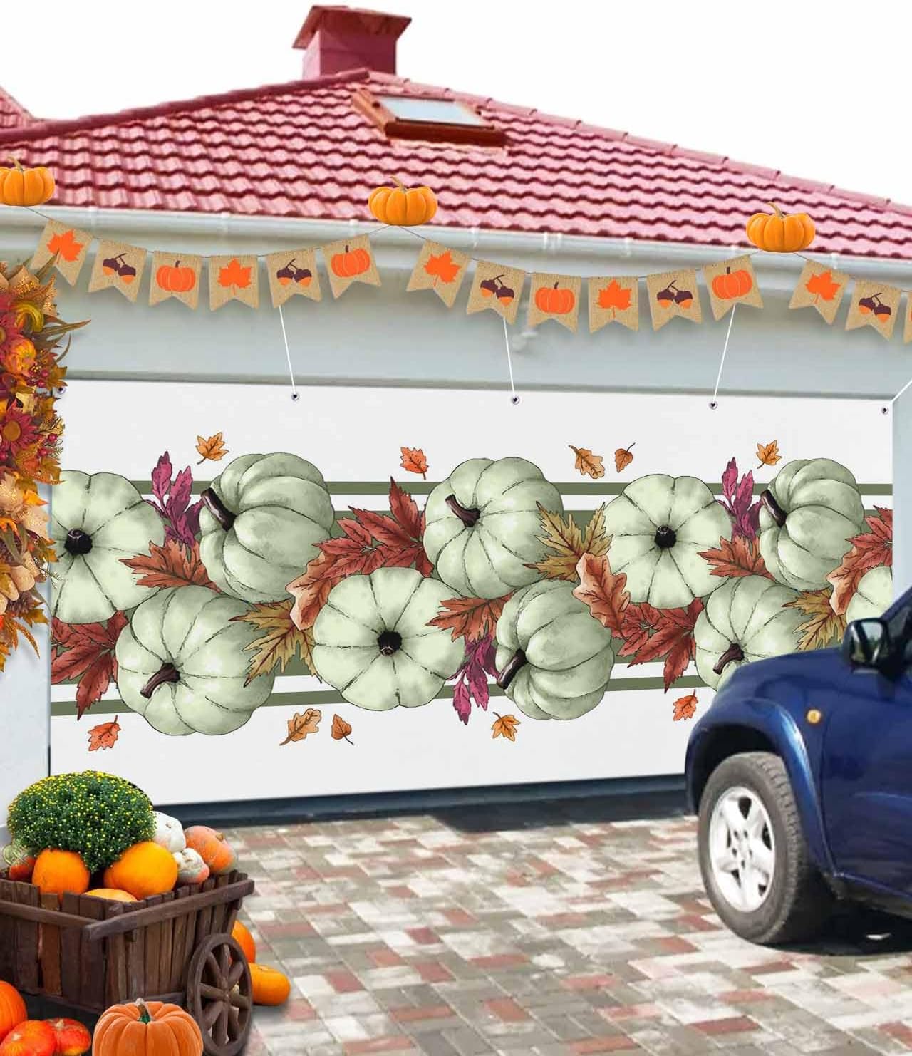 Thanksgiving Sage Green Pumpkin Garage Door Cover 7x8ft
