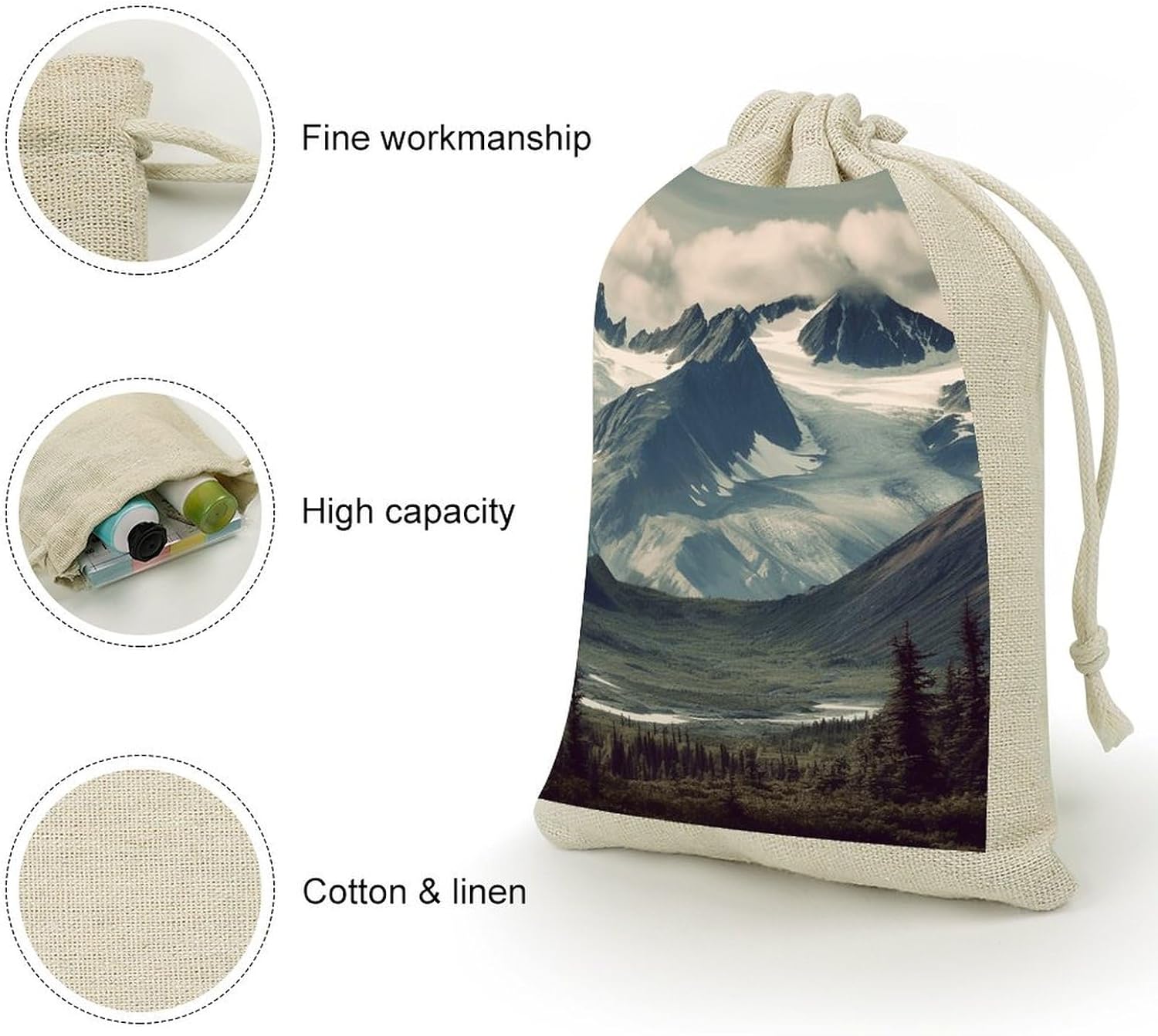 Alaska Mountains 8PCS Reusable Cotton Linen Drawstring Gift Bags