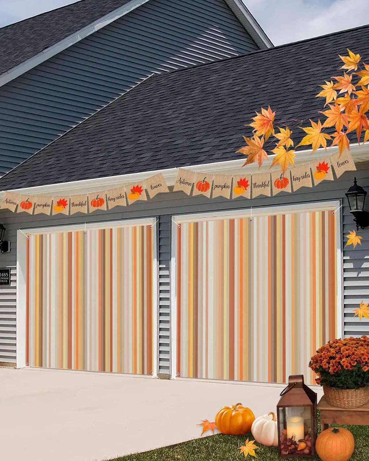 Geometric Orange Stripes Garage Door Cover 7x16ft Modern Decor