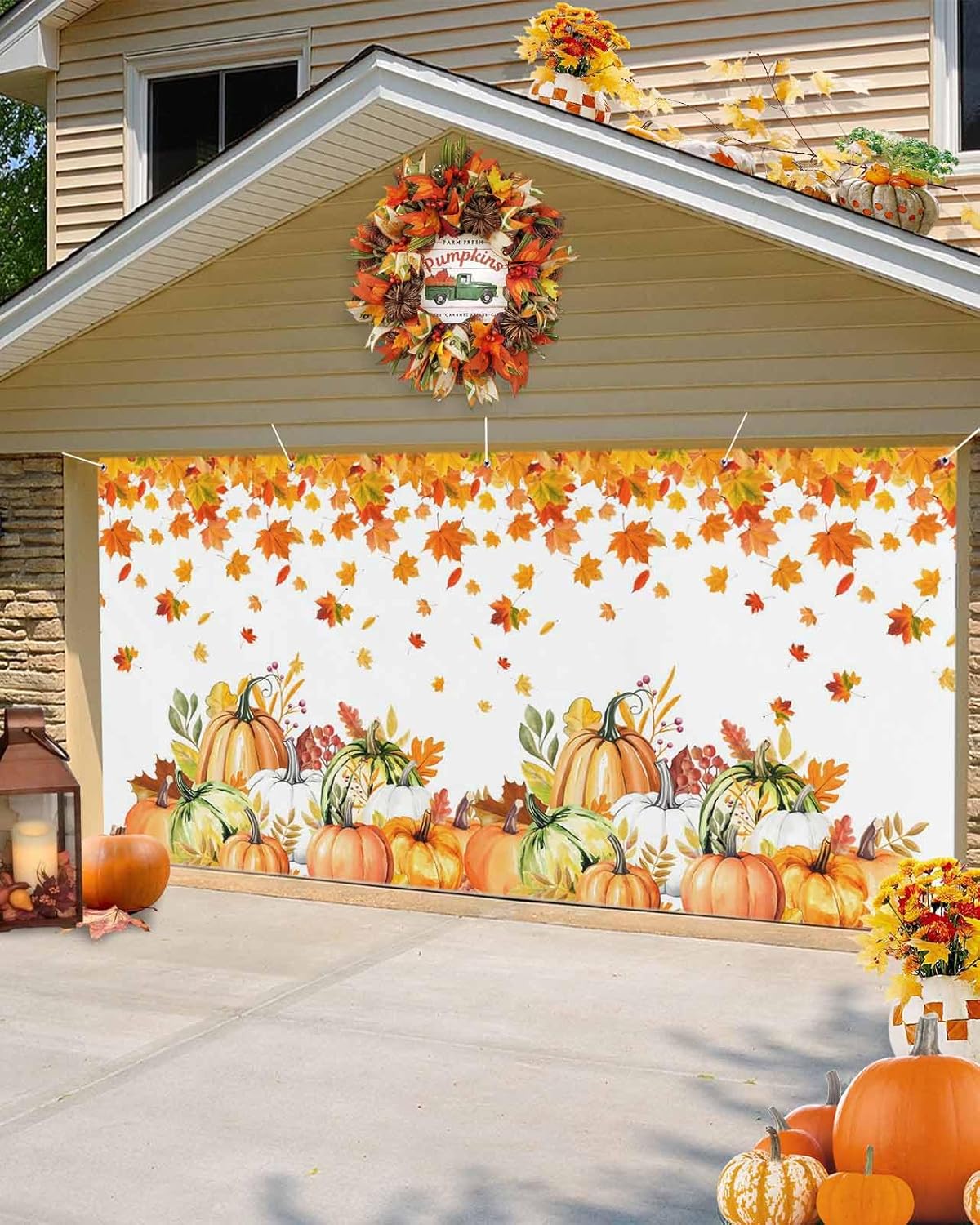 Thanksgiving Pumpkin Maple Leaves Garage Door Cover 7x8ft