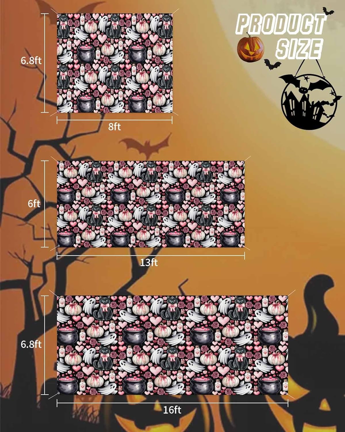 Halloween Cat Ghost Heart Garage Door Cover 7x8ft Black