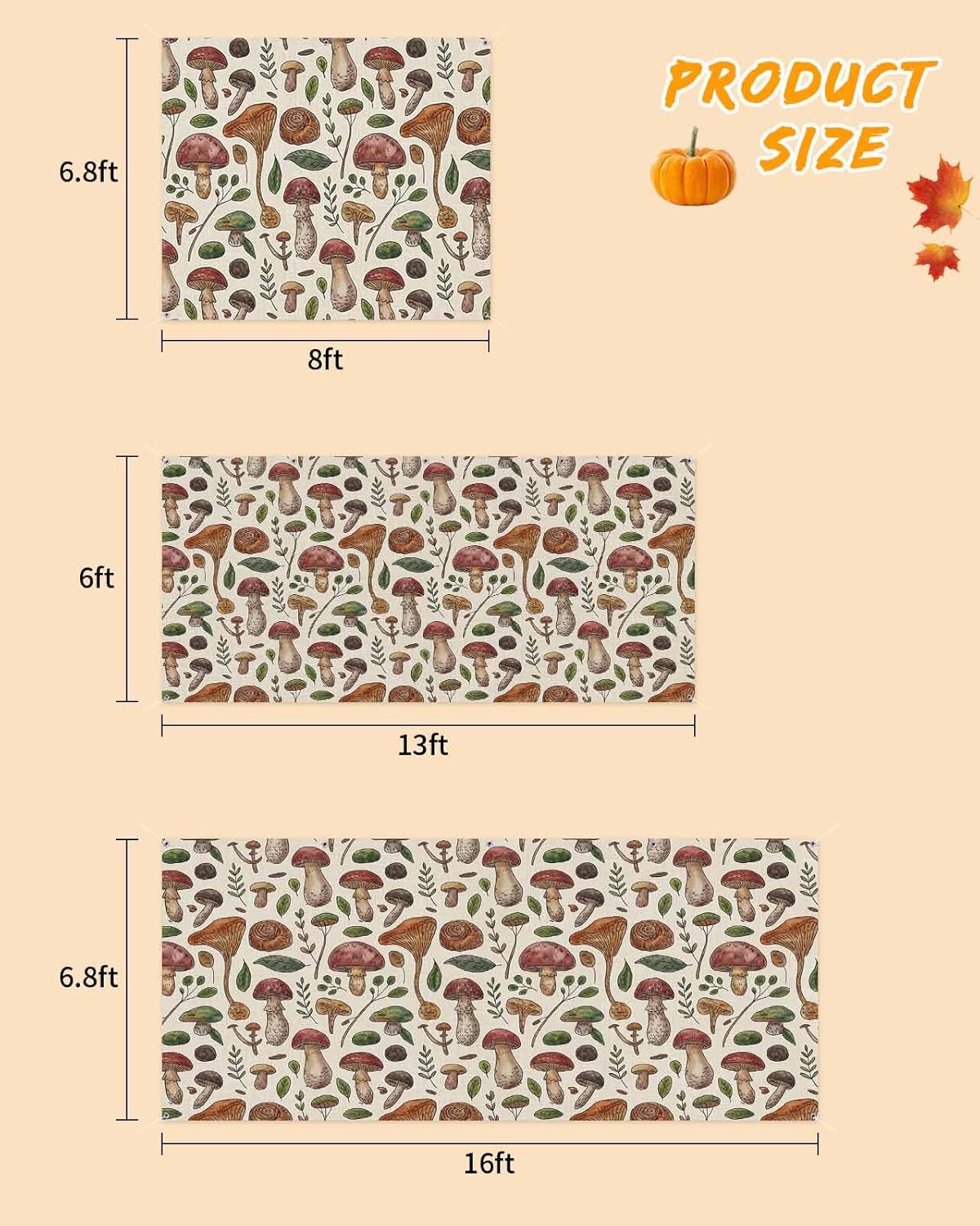 Brown Mushroom Green Leaves Retro Garage Door Cover 7x8ft