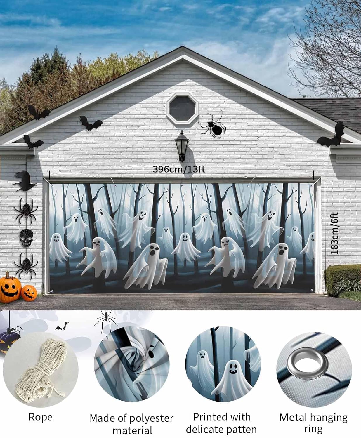 Halloween Ghost Decor Garage Door Cover 7x8ft Black