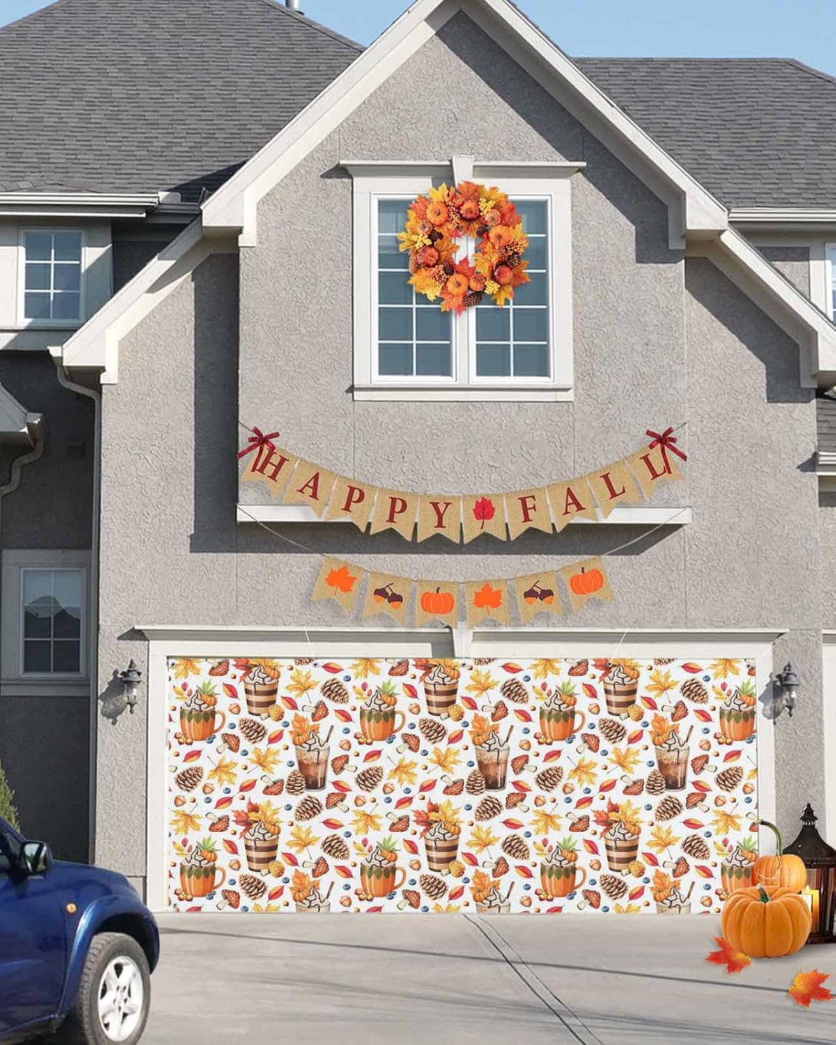IDOWMAT Autumn Pumpkin Latte Banner 7x8ft Garage Door Cover