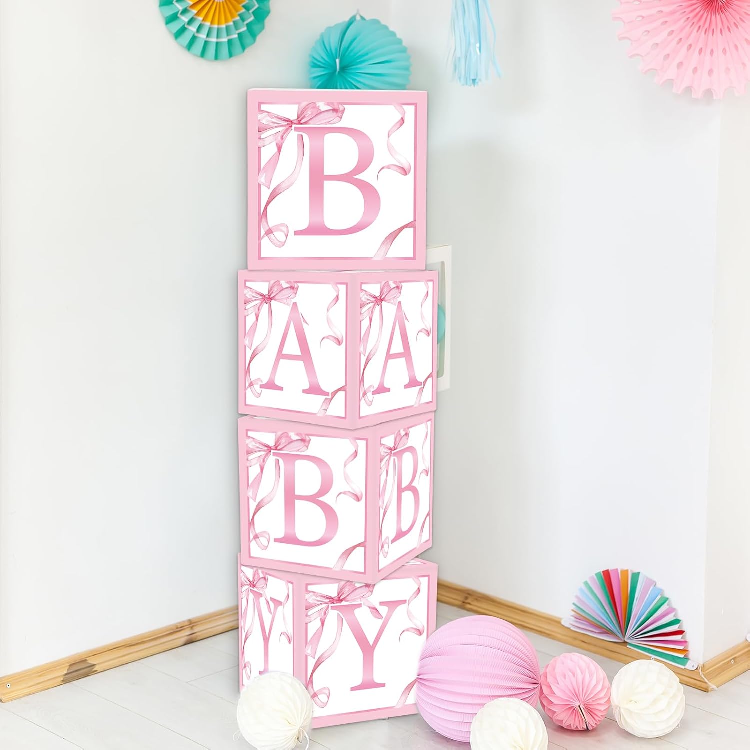 FYSUIMU 4Pcs Baby Shower Letter Box with Pink Bow Balloons