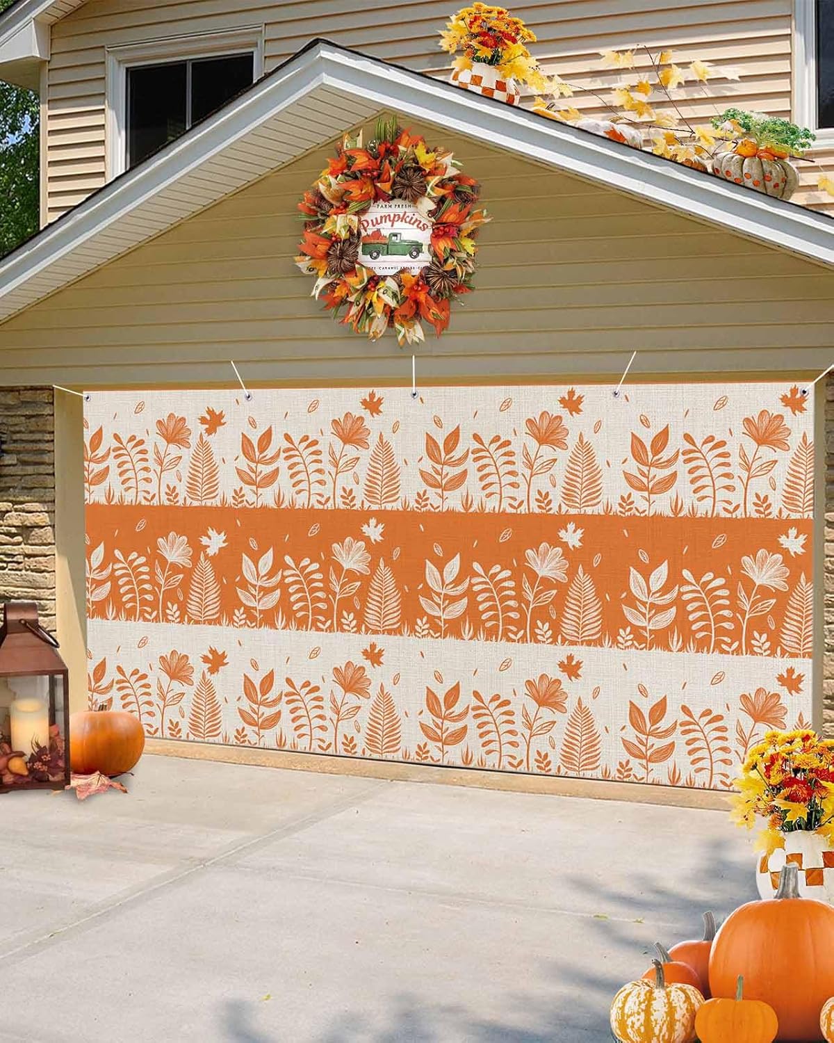 IDOWMAT Autumn Flower Leaf Garage Door Cover 7x16ft