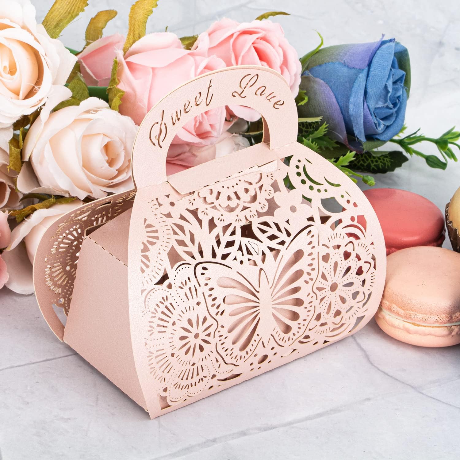 25PCS Pink Laser Cut Favor Boxes with Handle