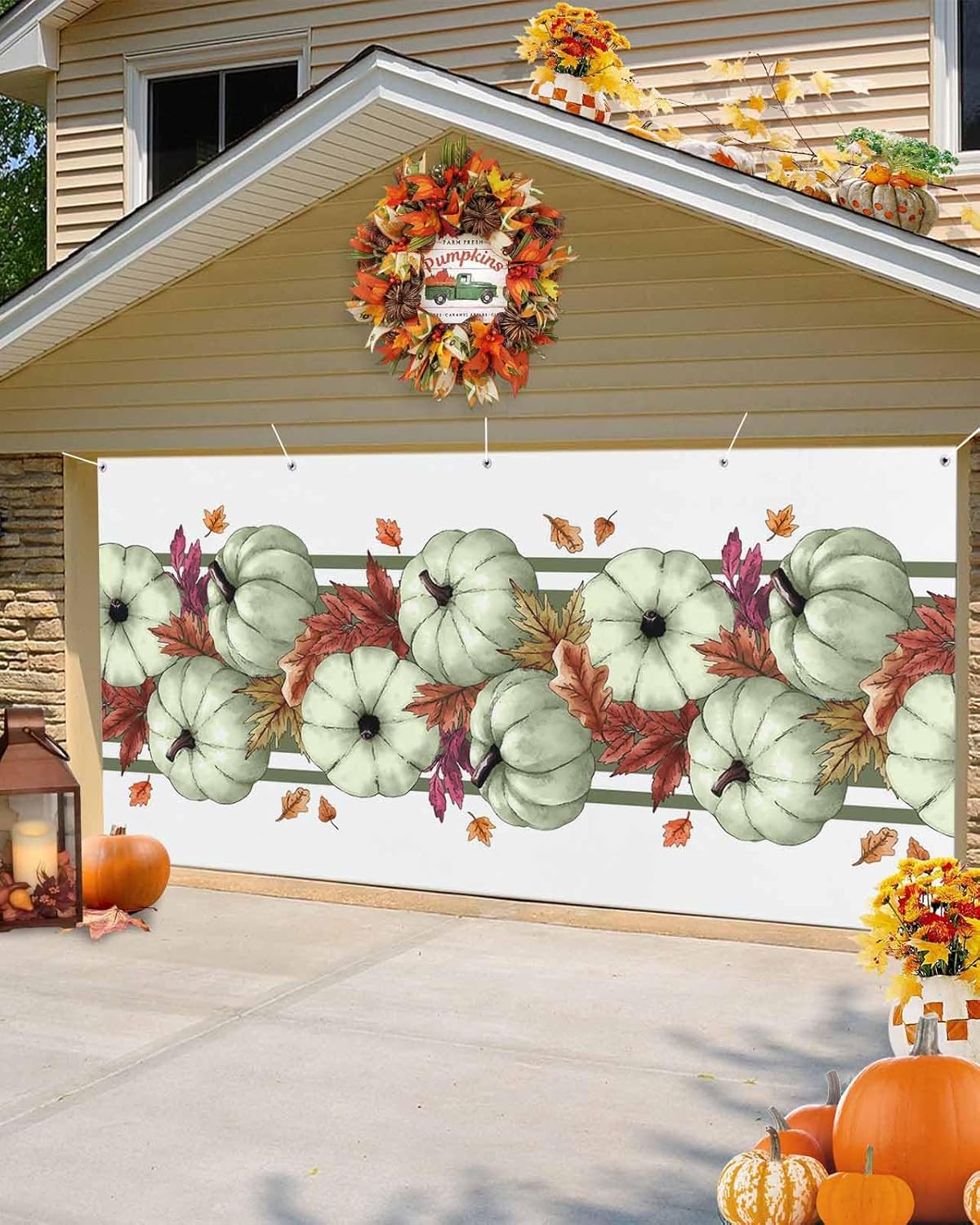 Thanksgiving Sage Green Pumpkin Garage Door Cover 7x8ft