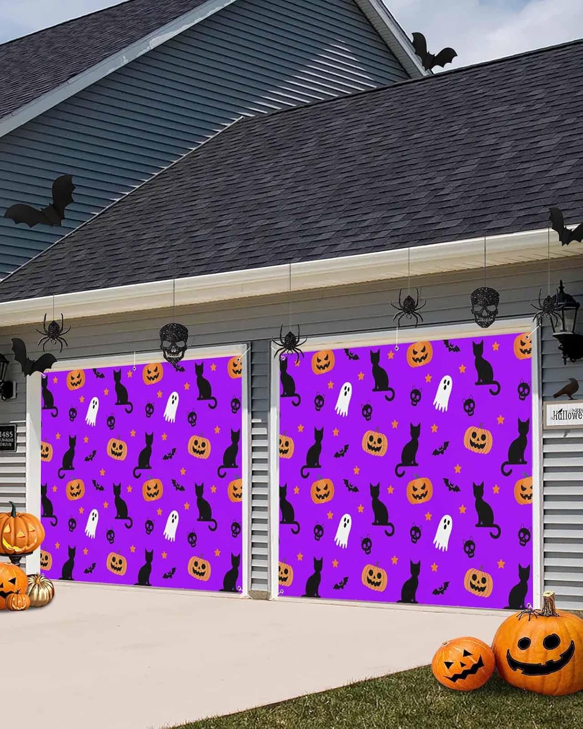 Halloween Ghost Pumpkin Garage Door Cover 7x8ft Purple