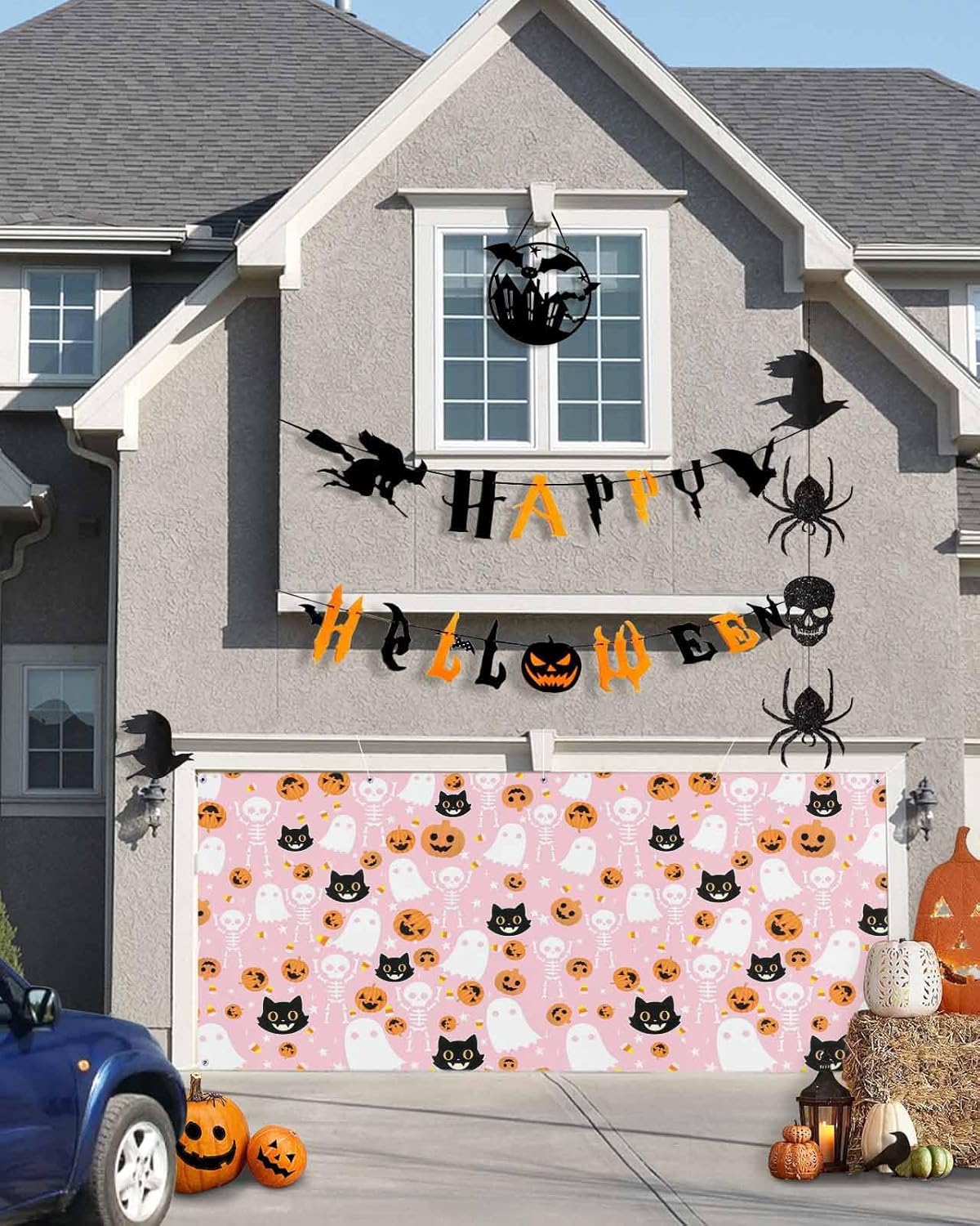 Halloween Ghost Black Cat Pumpkin Skull Garage Door Cover 7x8ft