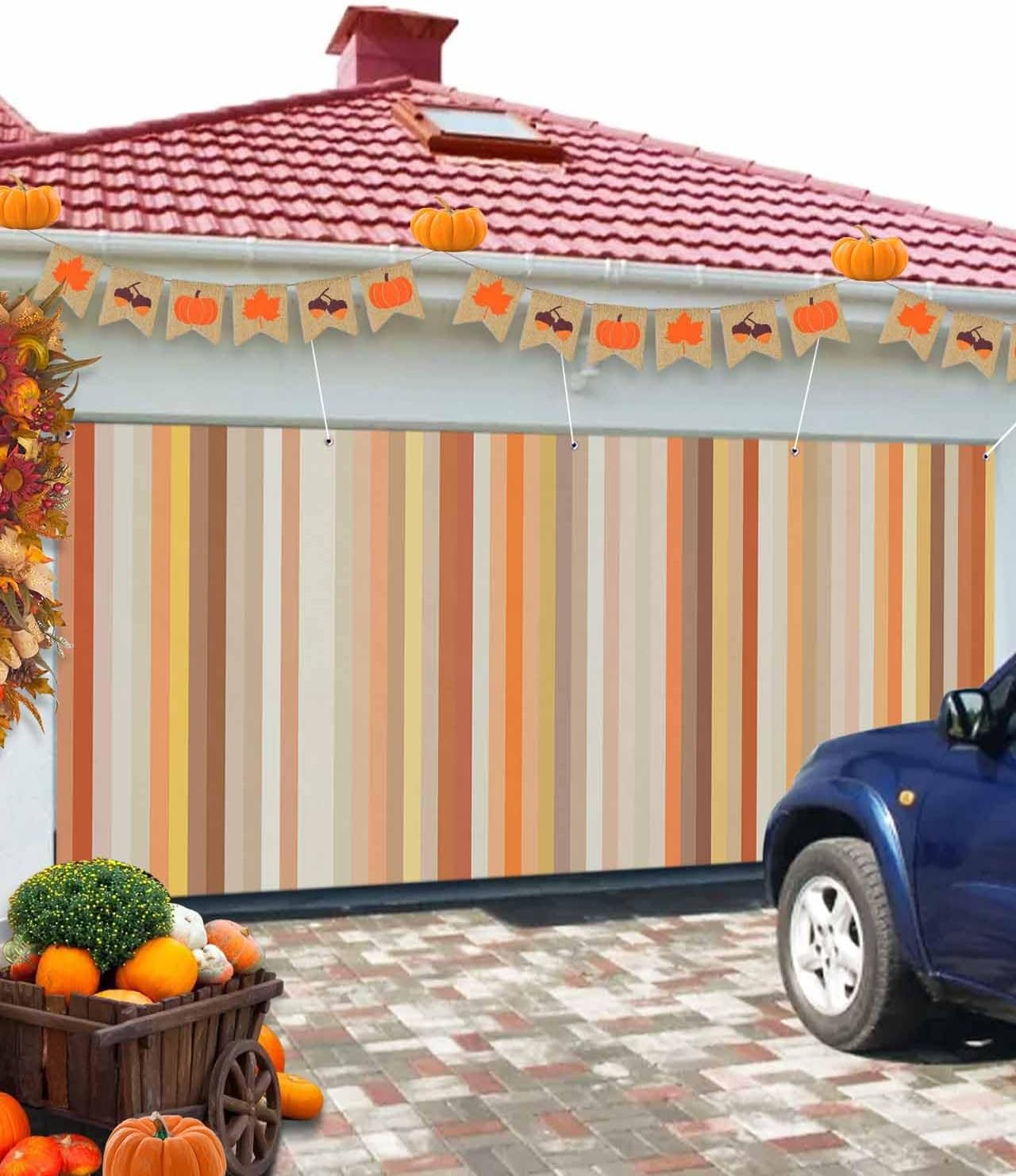Geometric Orange Stripes Garage Door Cover 7x16ft Modern Decor