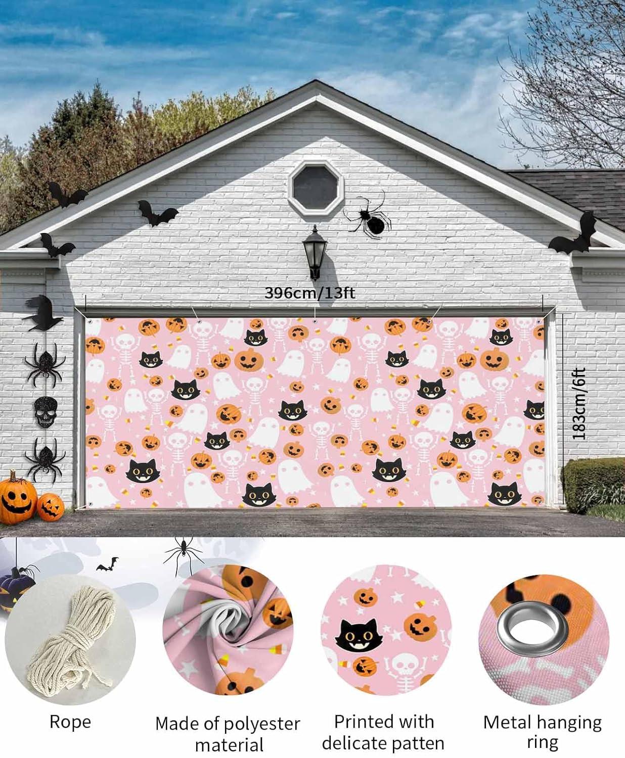 Halloween Ghost Black Cat Pumpkin Skull Garage Door Cover 7x8ft