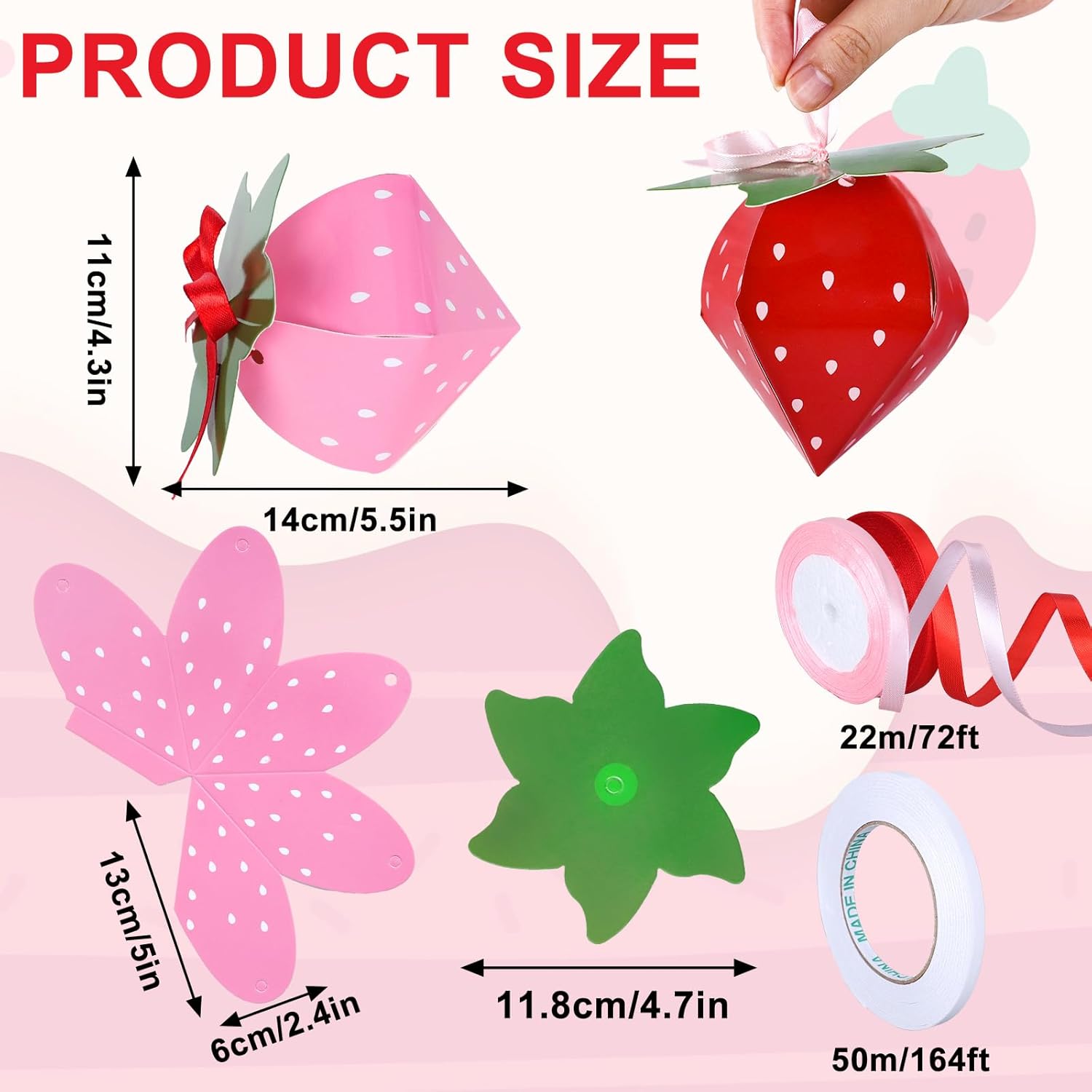 24Pcs Strawberry Shaped Treat Boxes with Ribbon Tape for Party Favors