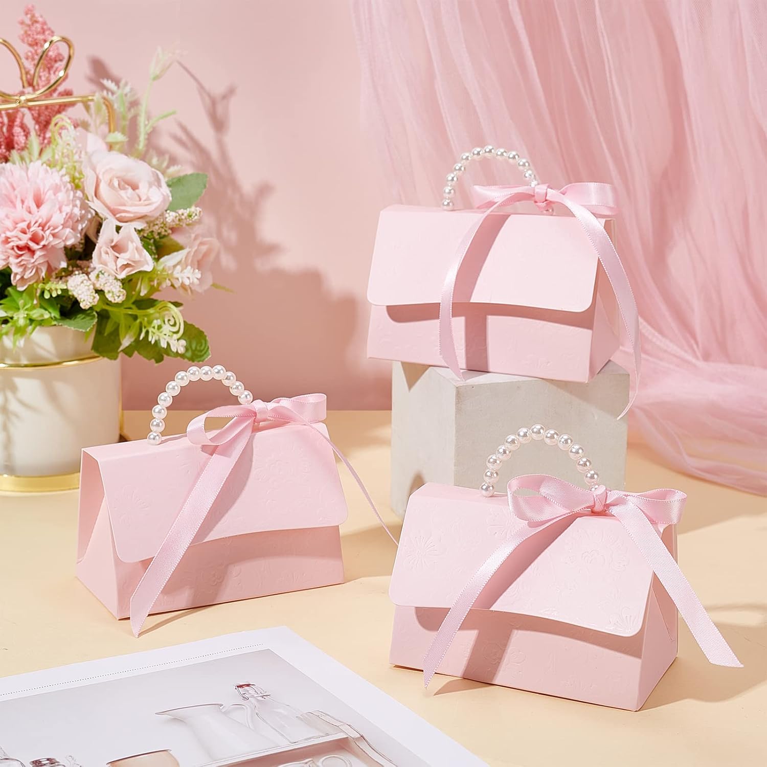 BENECREAT 16Set Pink Kraft Gift Box DIY Kit with Pearl Handle