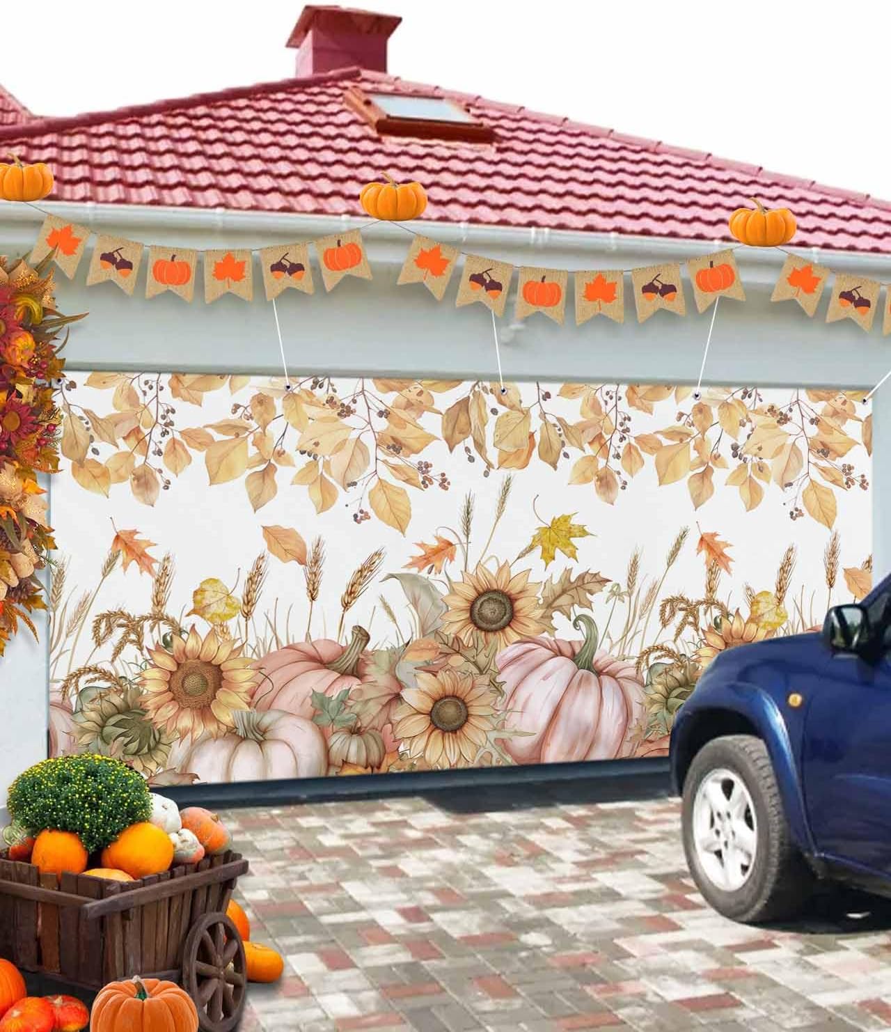 IDOWMAT Autumn Pumpkin Sunflower Garage Door Cover 7x8ft