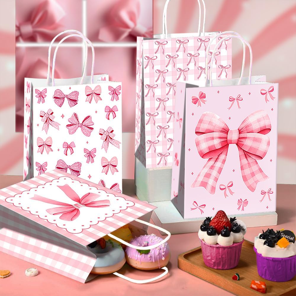JOYGATHER 24 Pcs Pink Bow Party Favor Bags with Handles