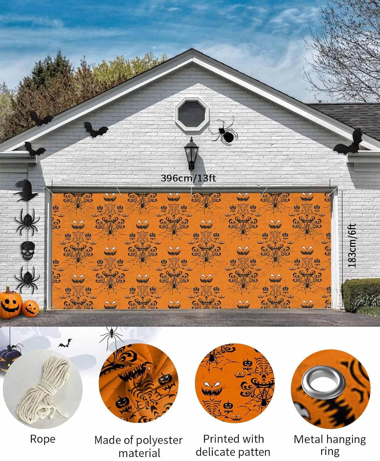 IDOWMAT Halloween Ghost Face and Spiders Web Garage Door Cover 7x16ft