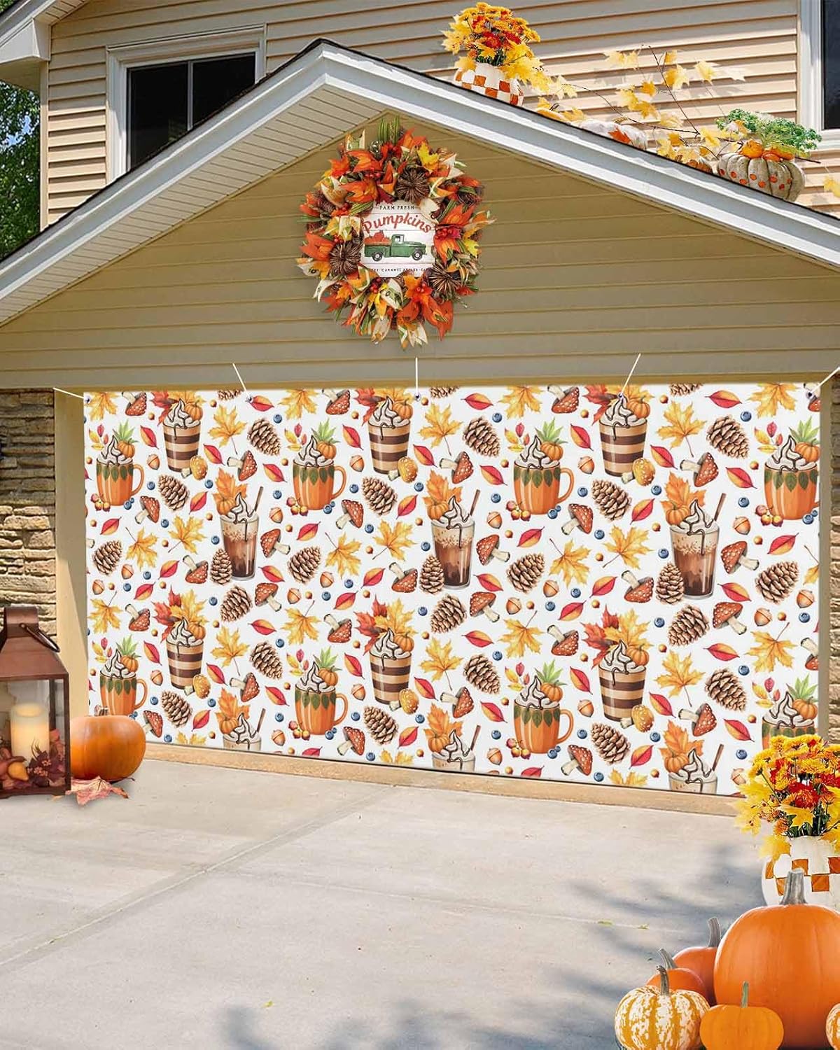 IDOWMAT Autumn Pumpkin Latte Banner 7x8ft Garage Door Cover