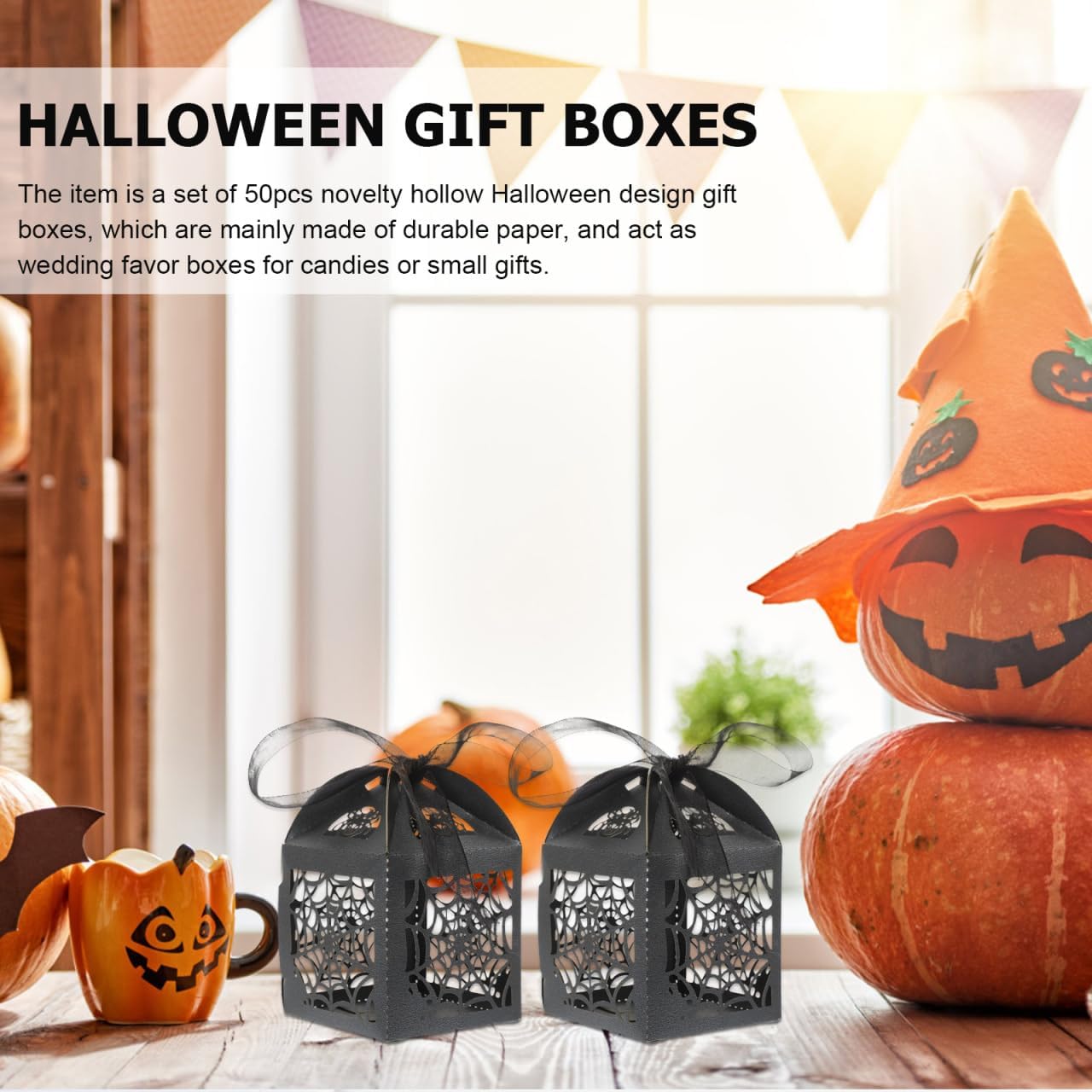 BESTOYARD 50Pcs Halloween Favor Boxes with Ribbons